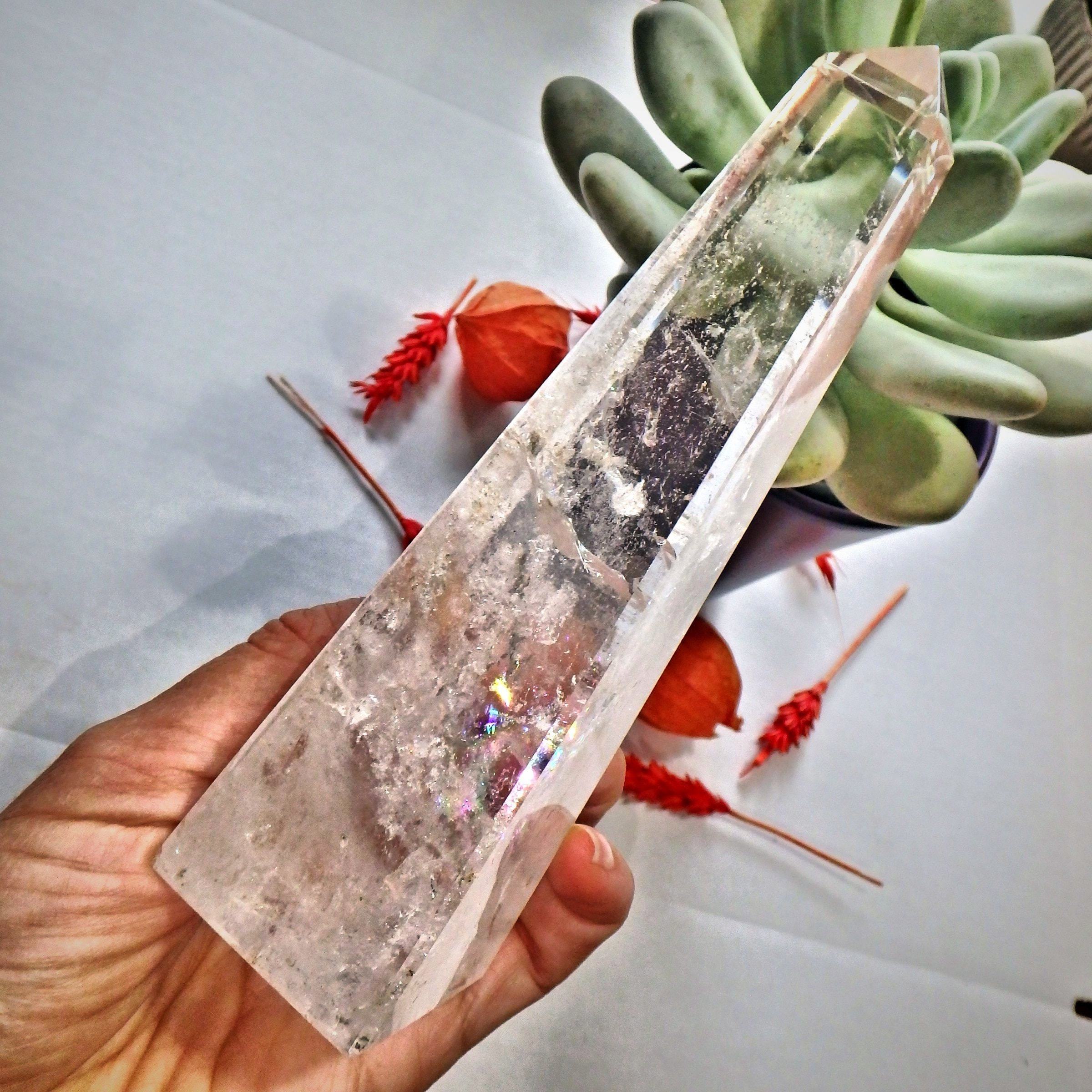 Dancing Rainbows Tall Clear Quartz Standing Obelisk Display Specimen - Earth Family Crystals