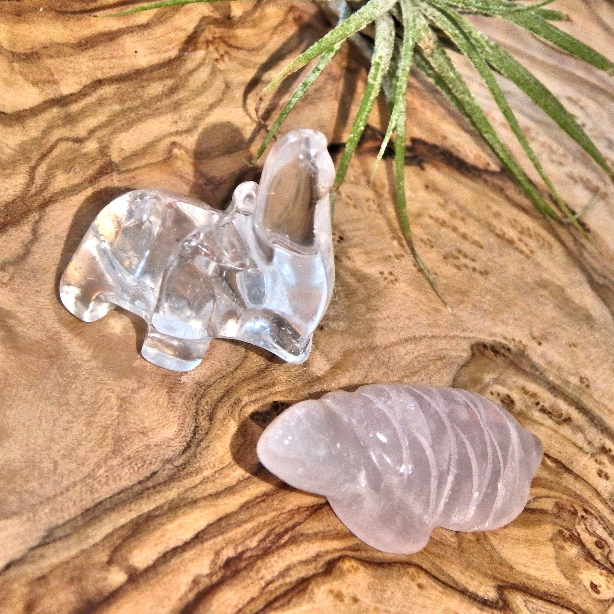Precious Clear Quartz Elephant & Rose Quartz Turtle Set