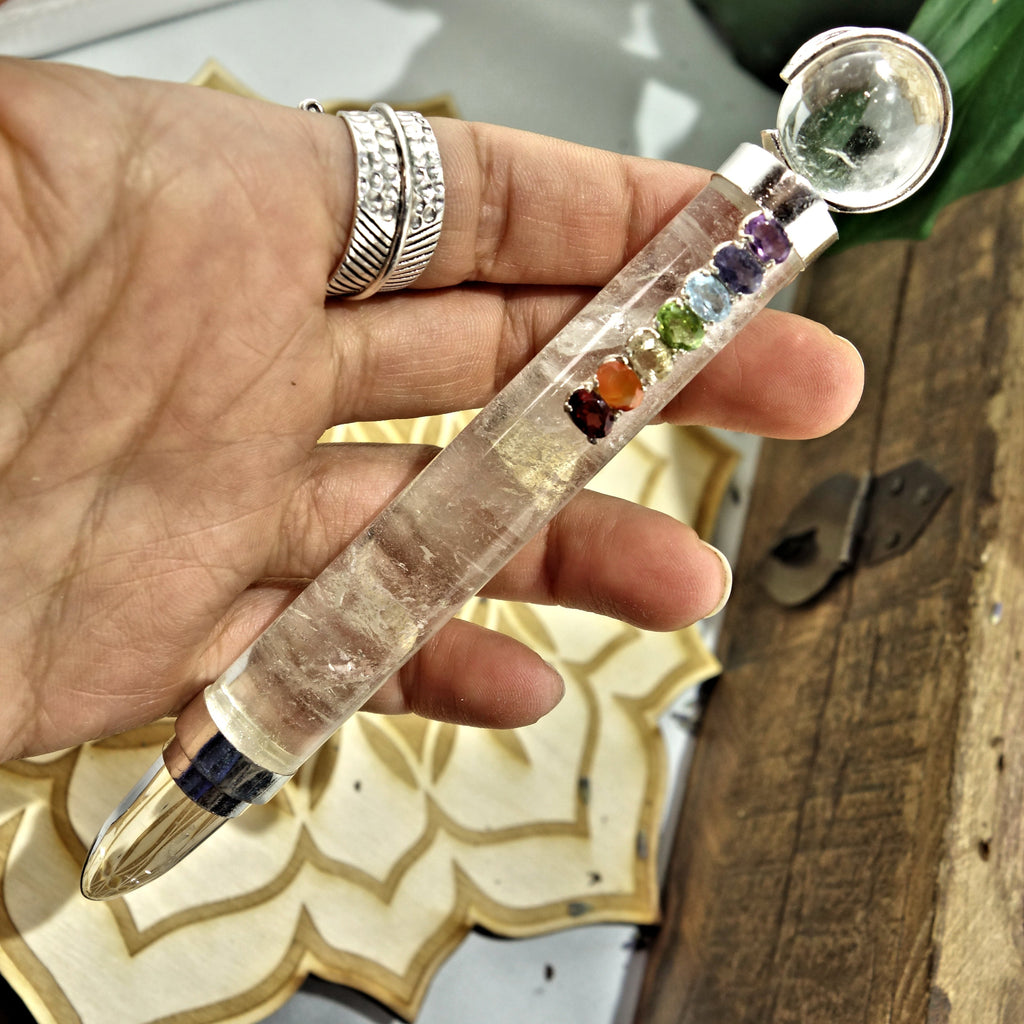 Gorgeous Faceted Chakra Gemstones On Clear Quartz Healing Wand - Earth Family Crystals
