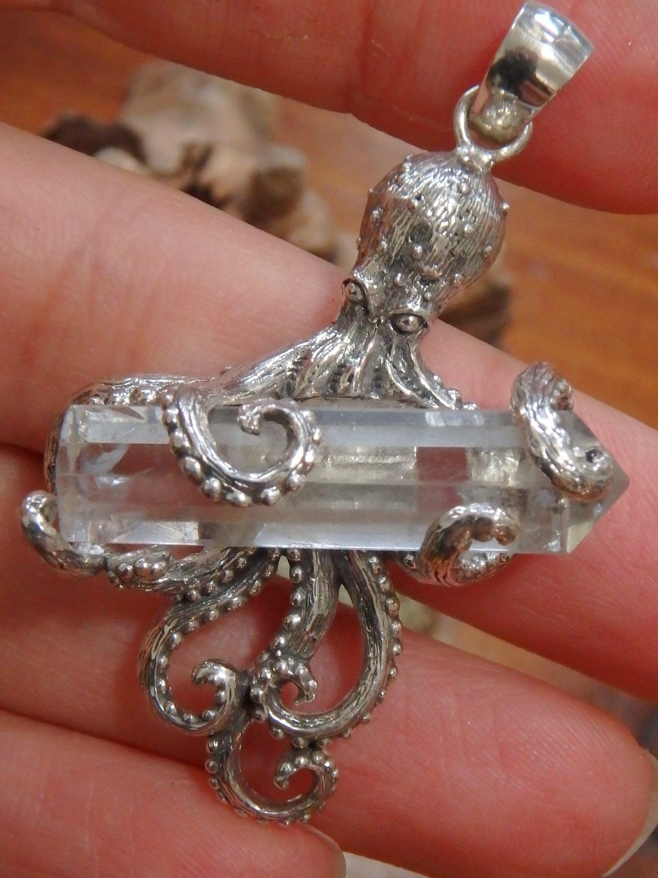 Underwater Lovers Octopus & Clear Quartz Point Pendant in Sterling Silver(Includes Silver Chain) - Earth Family Crystals