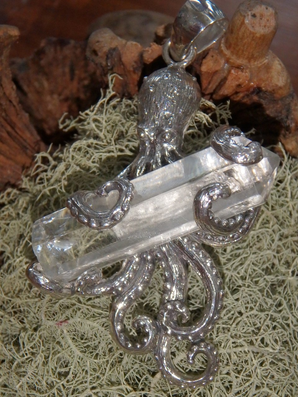 Underwater Lovers Octopus & Clear Quartz Point Pendant in Sterling Silver(Includes Silver Chain) - Earth Family Crystals