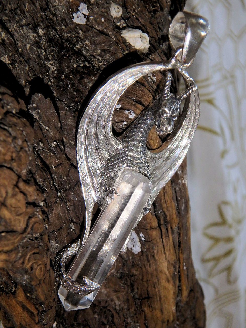 Fabulous Dragon & Clear Quartz Point Pendant in Sterling Silver (Includes Silver Chain) - Earth Family Crystals