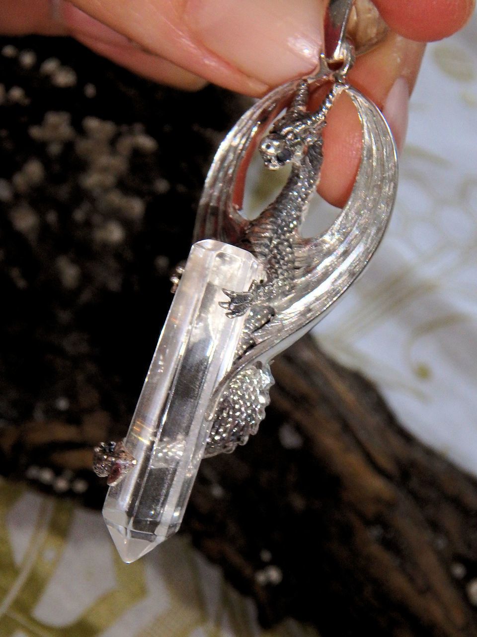 Fabulous Dragon & Clear Quartz Point Pendant in Sterling Silver (Includes Silver Chain) - Earth Family Crystals