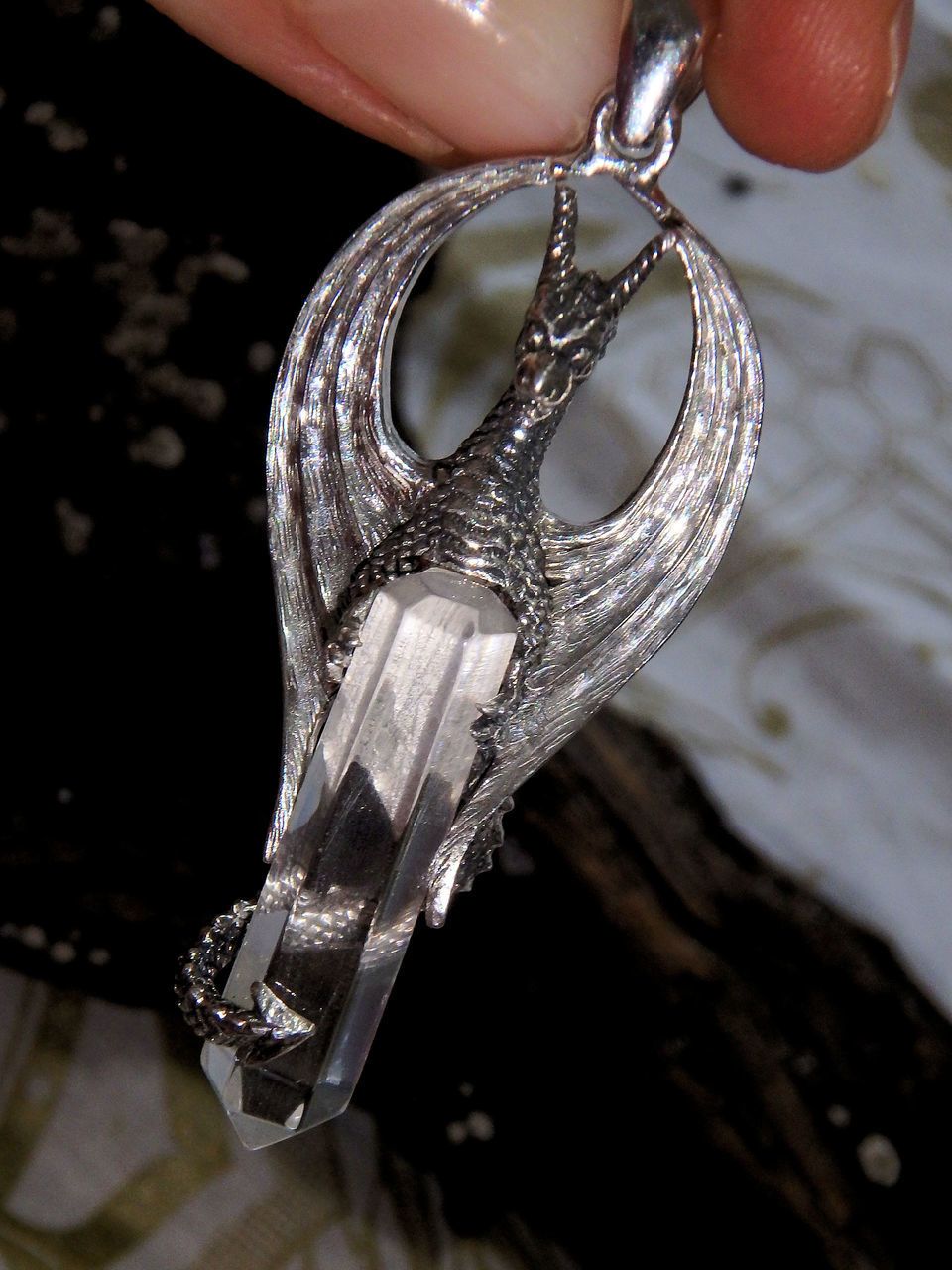 Fabulous Dragon & Clear Quartz Point Pendant in Sterling Silver (Includes Silver Chain) - Earth Family Crystals