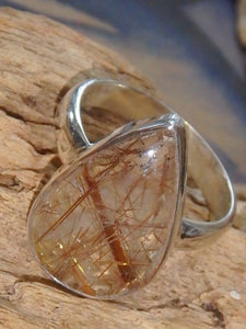 Teardrop Copper Threads Rutile Quartz Ring in Sterling Silver (Size 8.5) - Earth Family Crystals