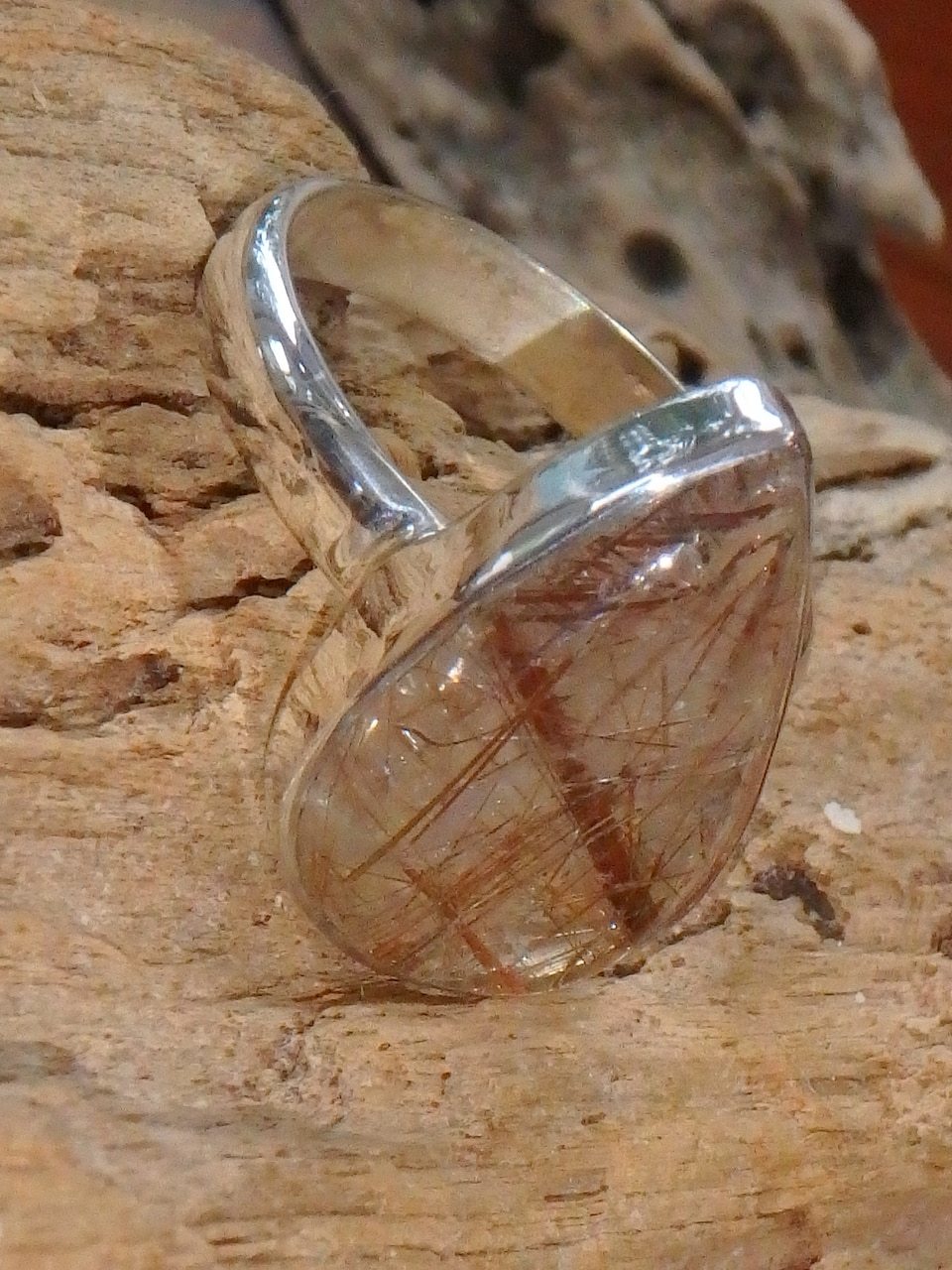 Teardrop Copper Threads Rutile Quartz Ring in Sterling Silver (Size 8.5) - Earth Family Crystals