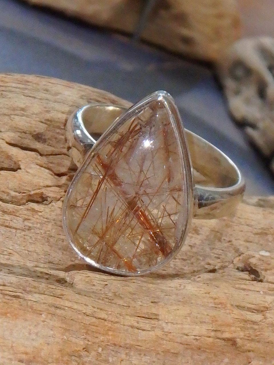 Teardrop Copper Threads Rutile Quartz Ring in Sterling Silver (Size 8.5) - Earth Family Crystals