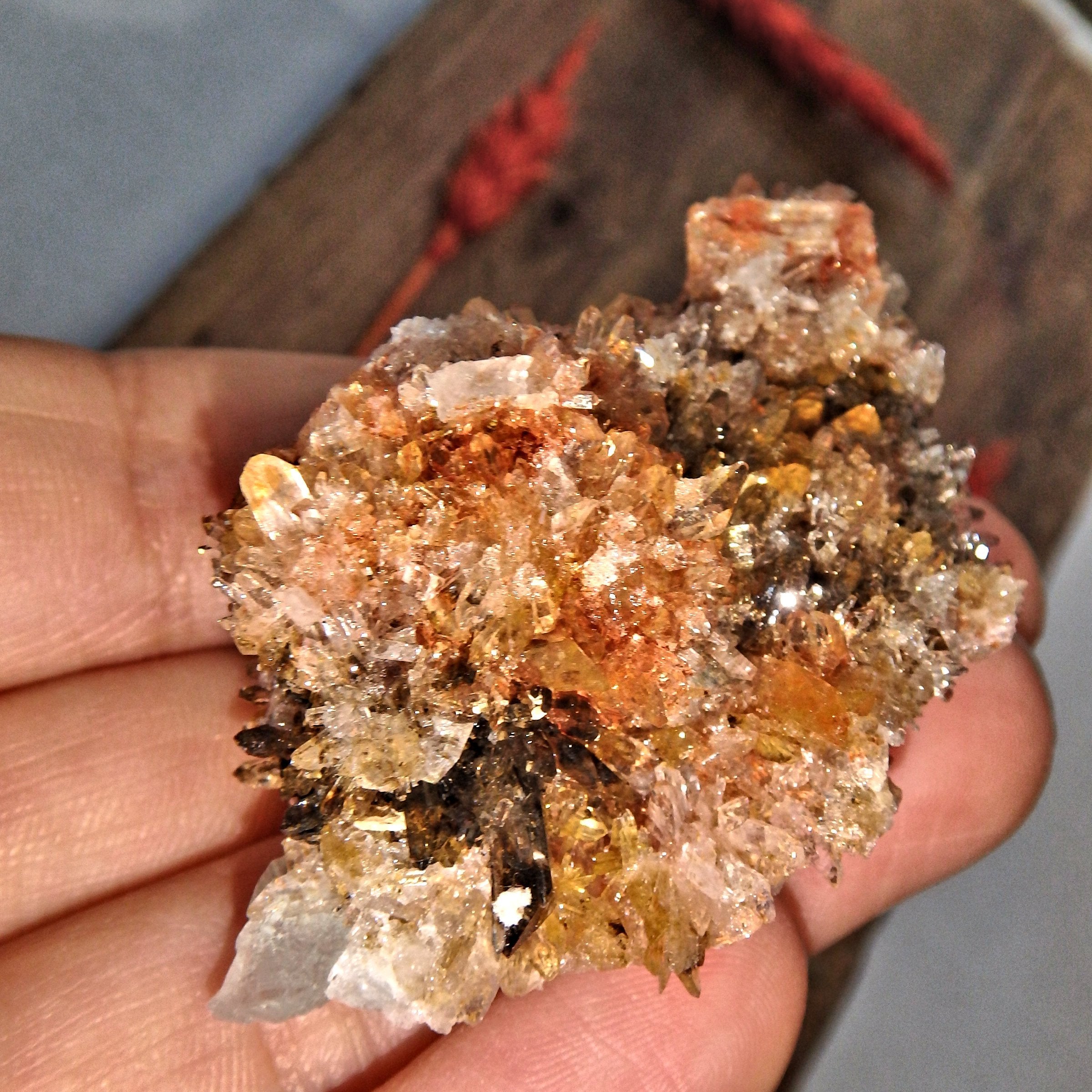 Incredible Sparkle Orange & Black Creedite with Green Fluorite Inclusion From Mexico