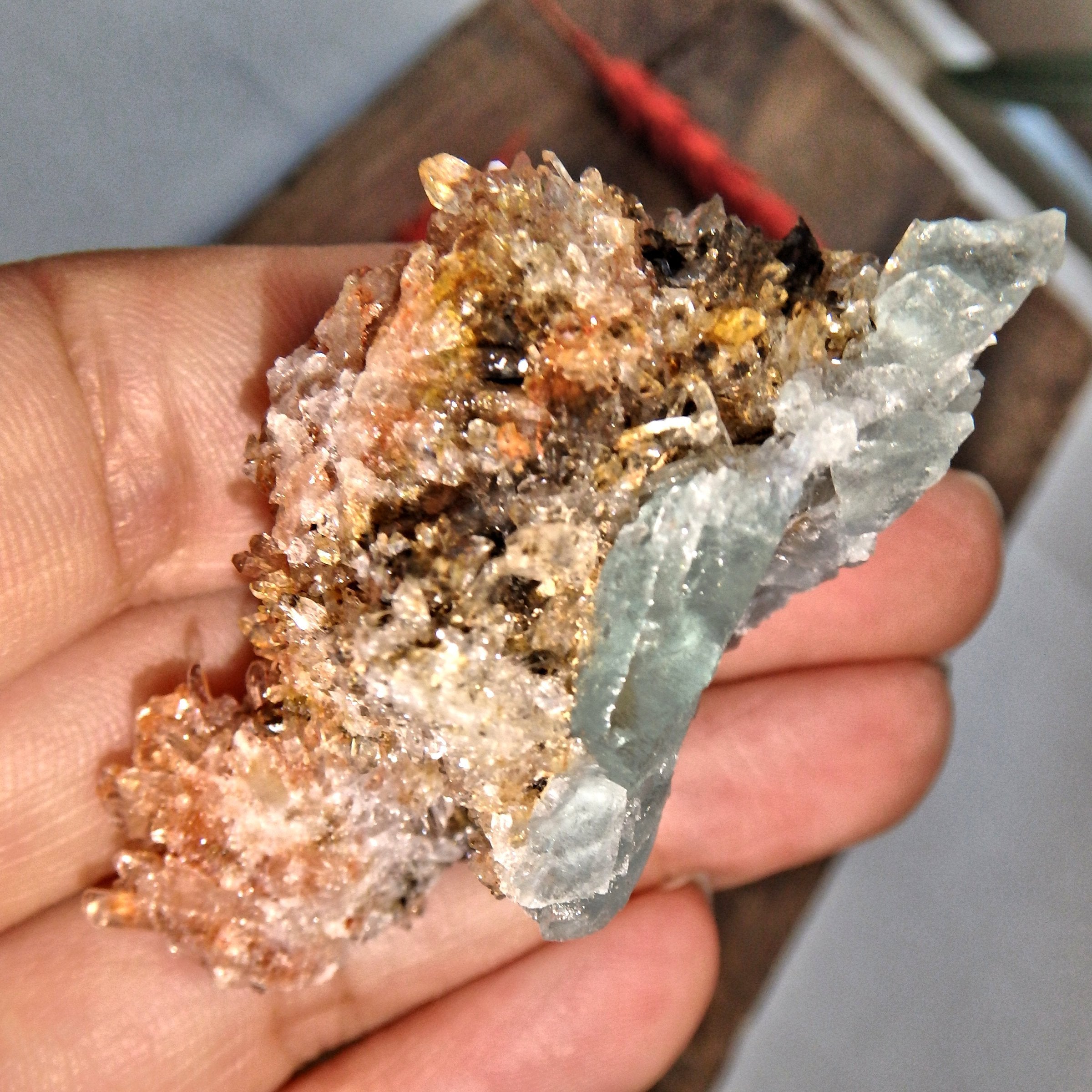 Incredible Sparkle Orange & Black Creedite with Green Fluorite Inclusion From Mexico