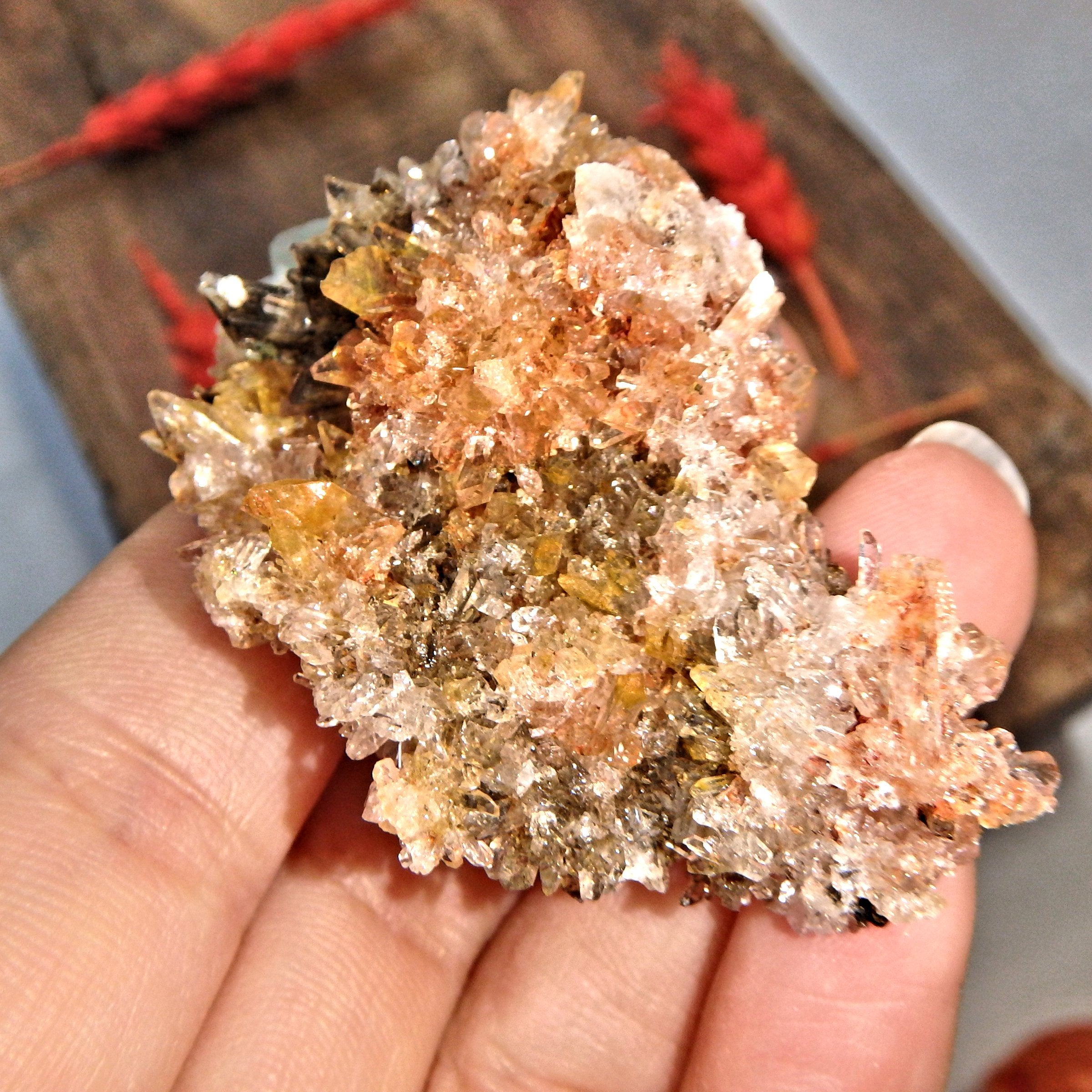 Incredible Sparkle Orange & Black Creedite with Green Fluorite Inclusion From Mexico