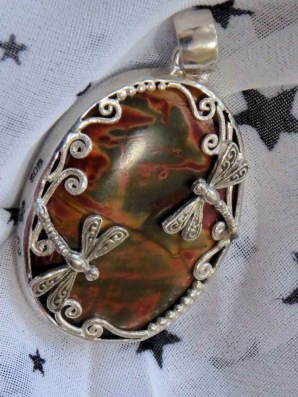 Amazing  Cherry Creek Jasper Double Dragonfly Pendant in Sterling Silver (Includes Silver Chain) - Earth Family Crystals