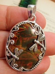 Amazing  Cherry Creek Jasper Double Dragonfly Pendant in Sterling Silver (Includes Silver Chain) - Earth Family Crystals