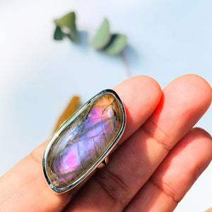 Silky Pink & Purple Flashes Labradorite Ring in Sterling Silver (Size 6) - Earth Family Crystals