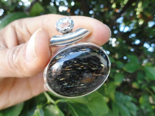 Golden Lightening Flash NUUMMITE & BLUE TOPAZ PENDANT In Sterling Silver (Includes Silver Chain) - Earth Family Crystals