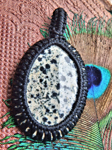 Spotted Dalmatian Jasper  Macrame Wrapped Pendant