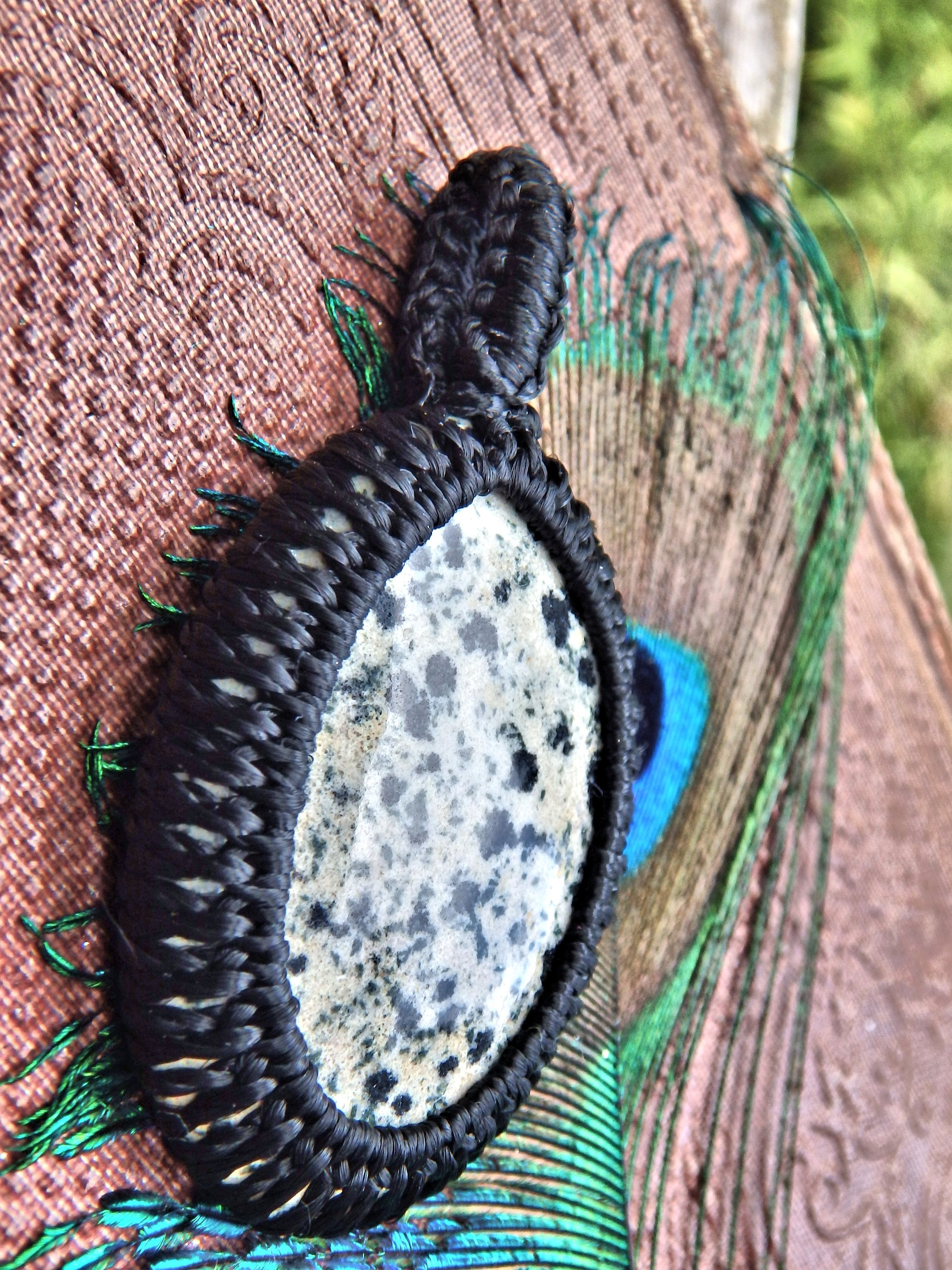 Spotted Dalmatian Jasper  Macrame Wrapped Pendant