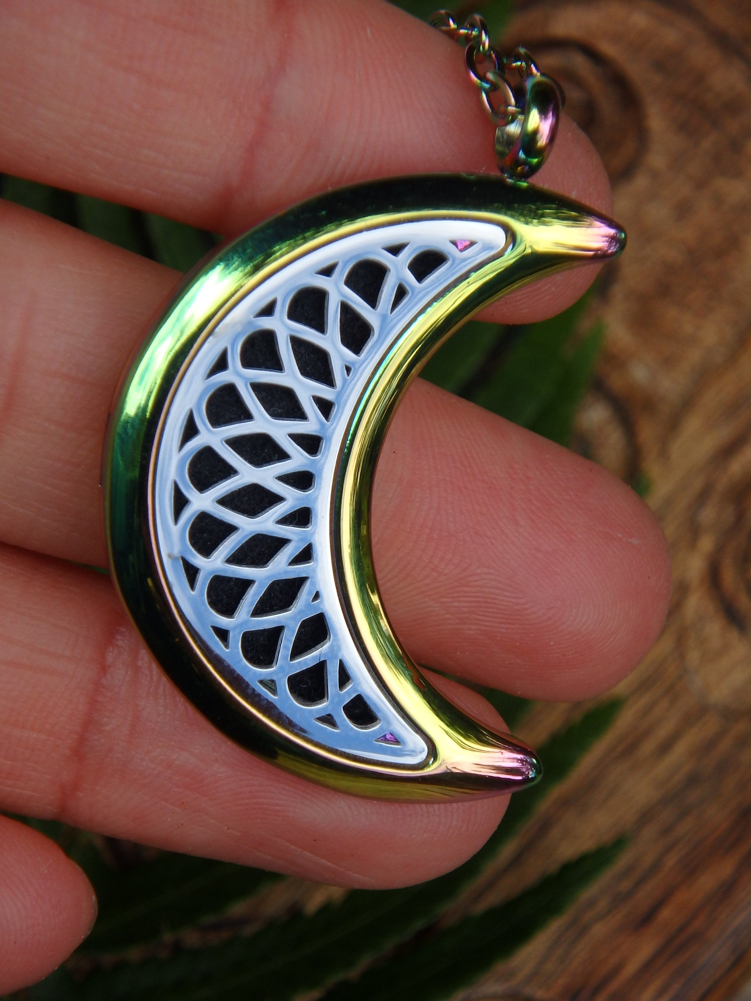 Rainbow Crescent Moon Diffuser Pendant Perfect for Essential Oils in Stainless Steel (Includes Matching 19 Inch Stainless Steel Chain)