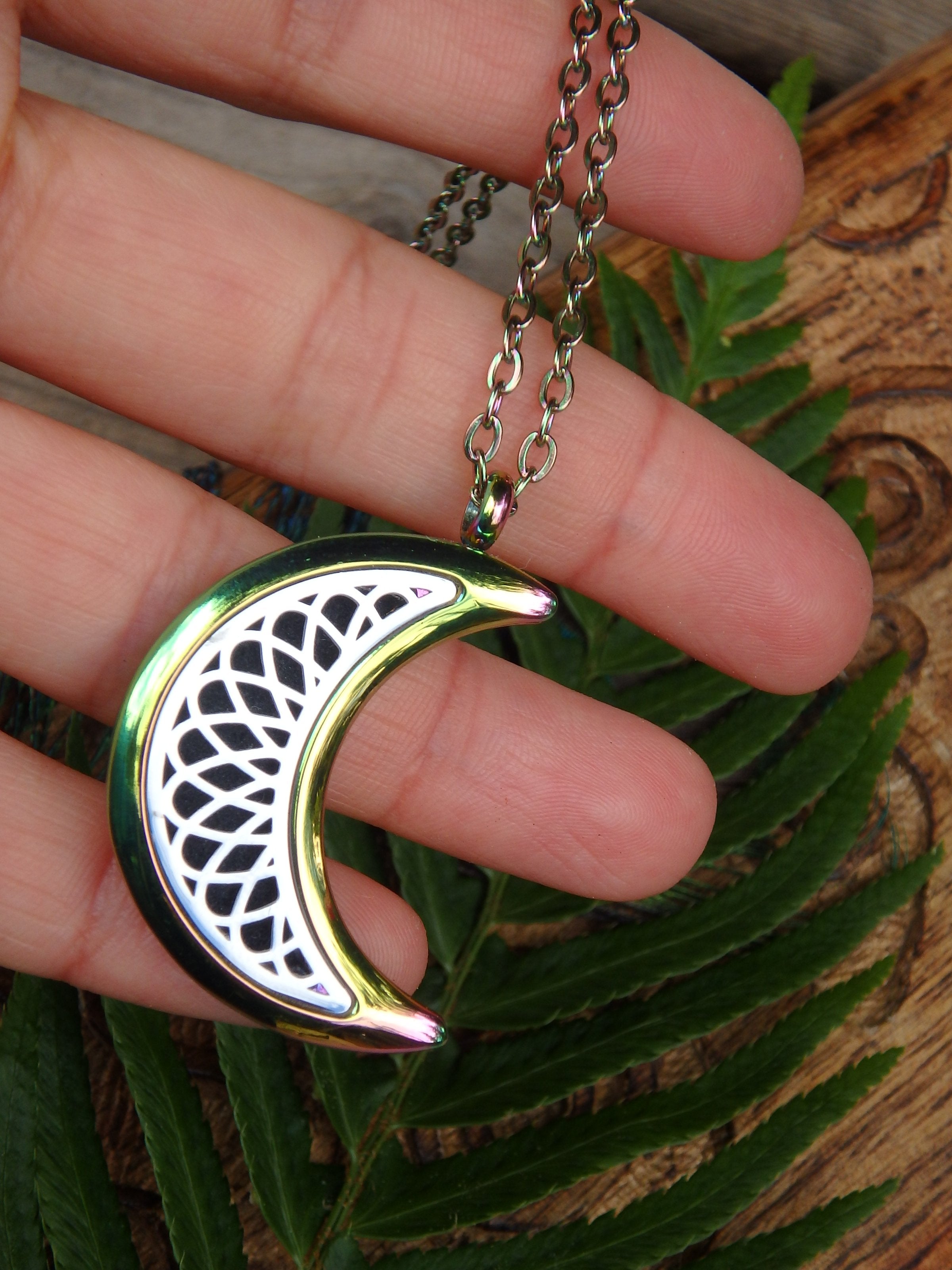 Rainbow Crescent Moon Diffuser Pendant Perfect for Essential Oils in Stainless Steel (Includes Matching 19 Inch Stainless Steel Chain)