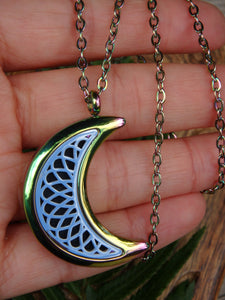 Rainbow Crescent Moon Diffuser Pendant Perfect for Essential Oils in Stainless Steel (Includes Matching 19 Inch Stainless Steel Chain)