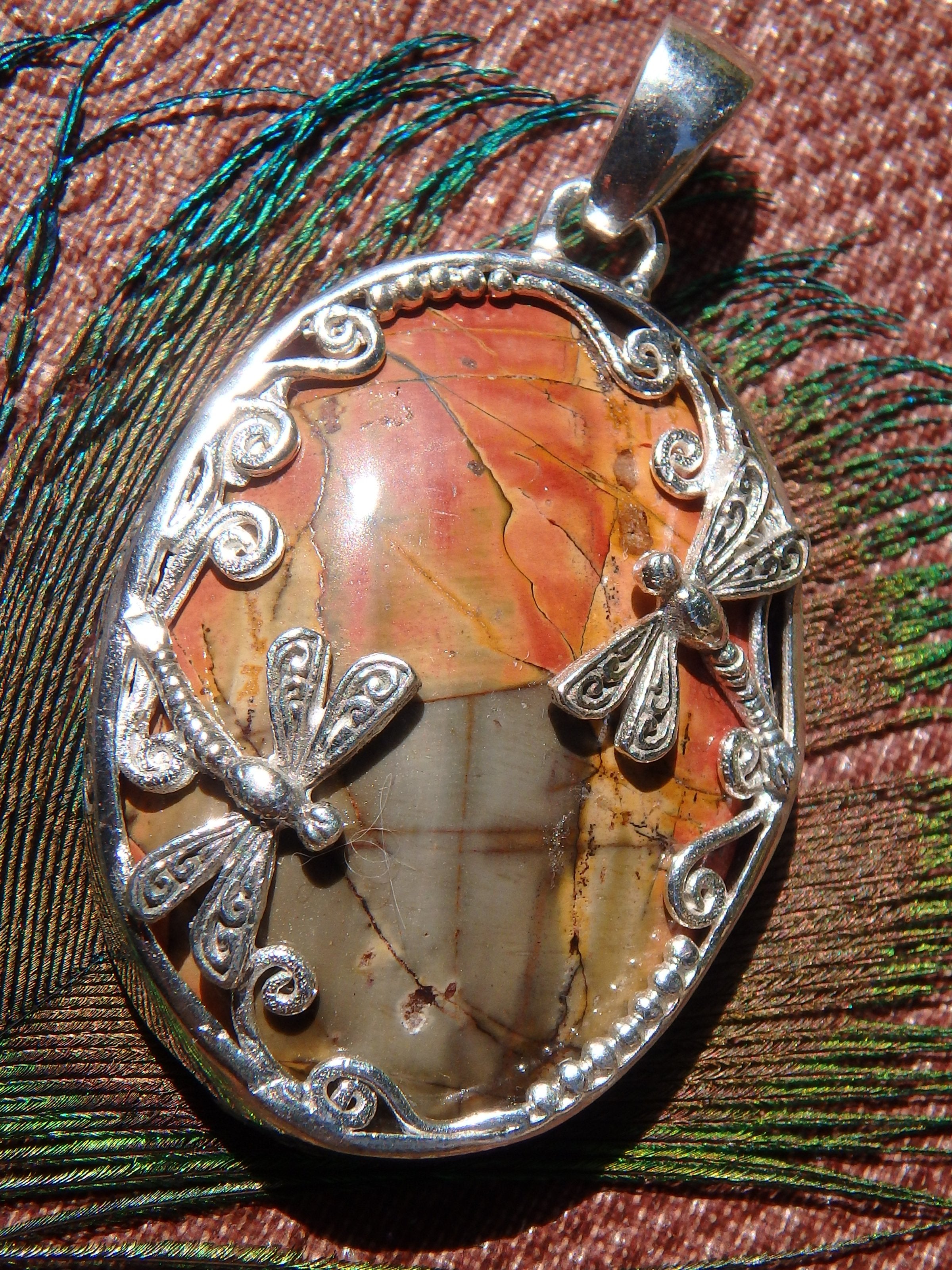Fantastic Cherry Creek Jasper Double Dragonfly Pendant in Sterling Silver (Includes Silver Chain)1 - Earth Family Crystals
