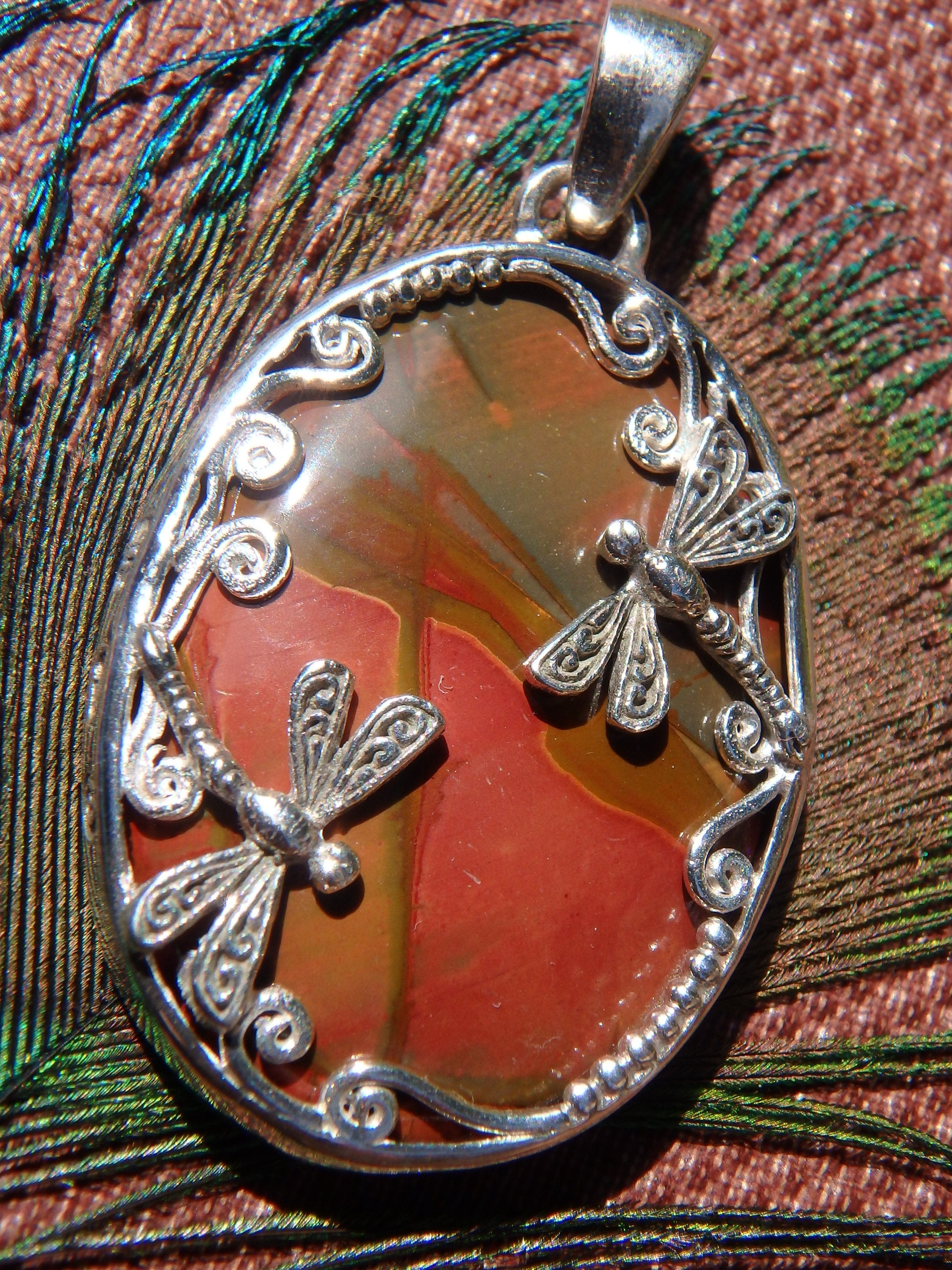 Lovely Cherry Creek Jasper Double Dragonfly Pendant in Sterling Silver (Includes Silver Chain) - Earth Family Crystals