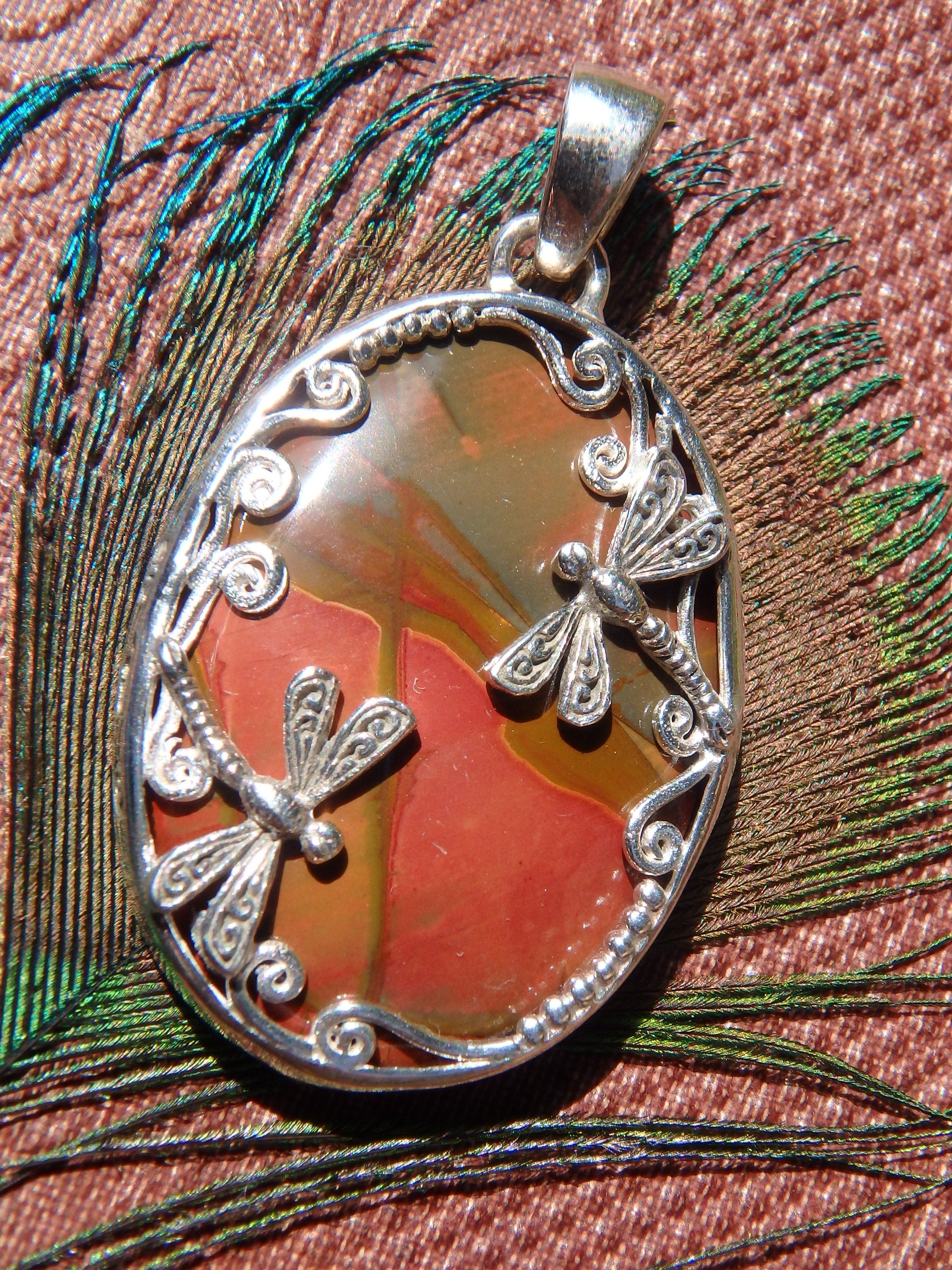 Lovely Cherry Creek Jasper Double Dragonfly Pendant in Sterling Silver (Includes Silver Chain) - Earth Family Crystals