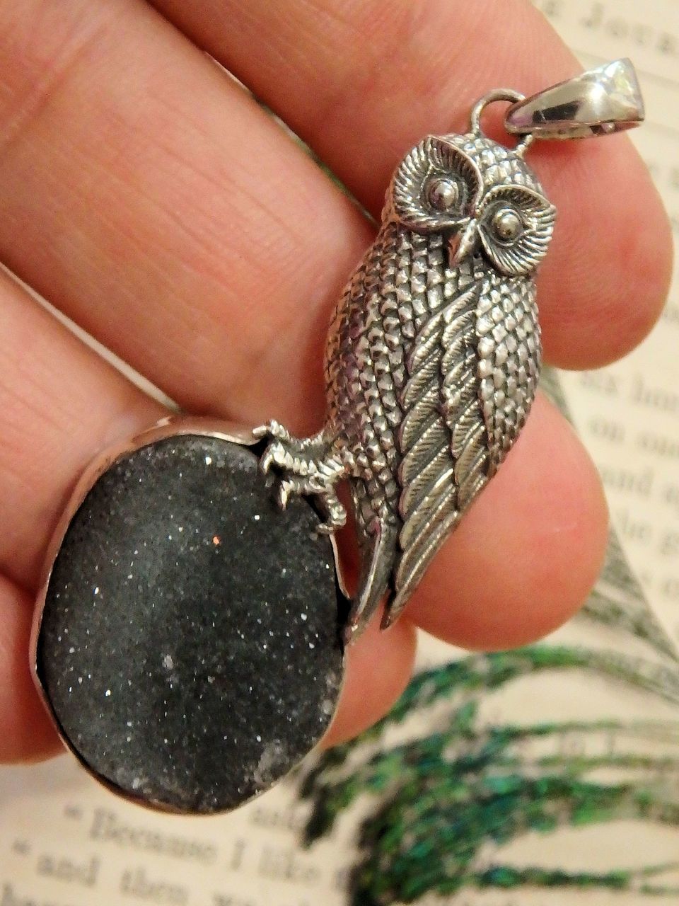 Shimmering Druzy Agate & Wise Owl Pendant in Sterling Silver (Includes Silver Chain) - Earth Family Crystals