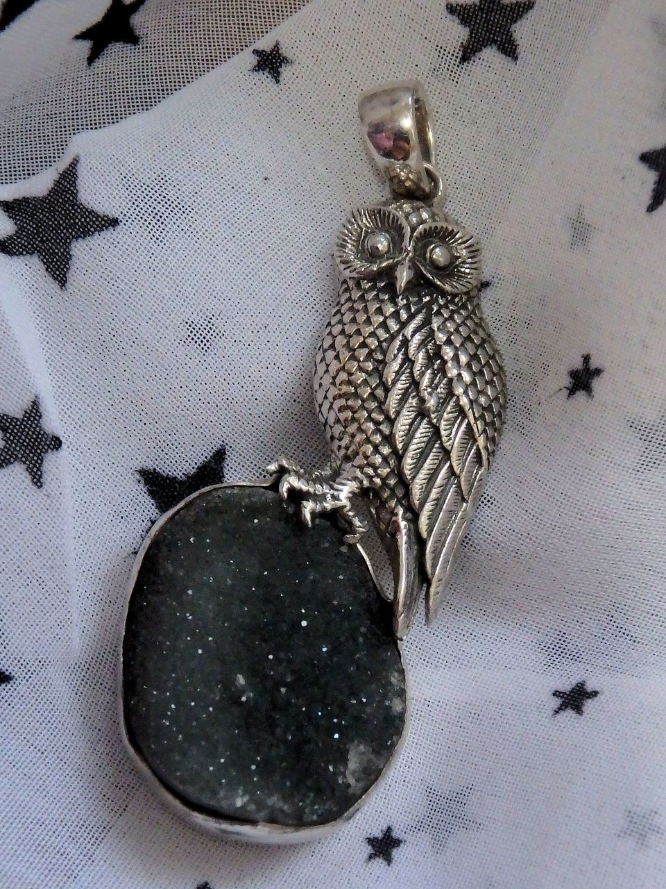 Shimmering Druzy Agate & Wise Owl Pendant in Sterling Silver (Includes Silver Chain) - Earth Family Crystals