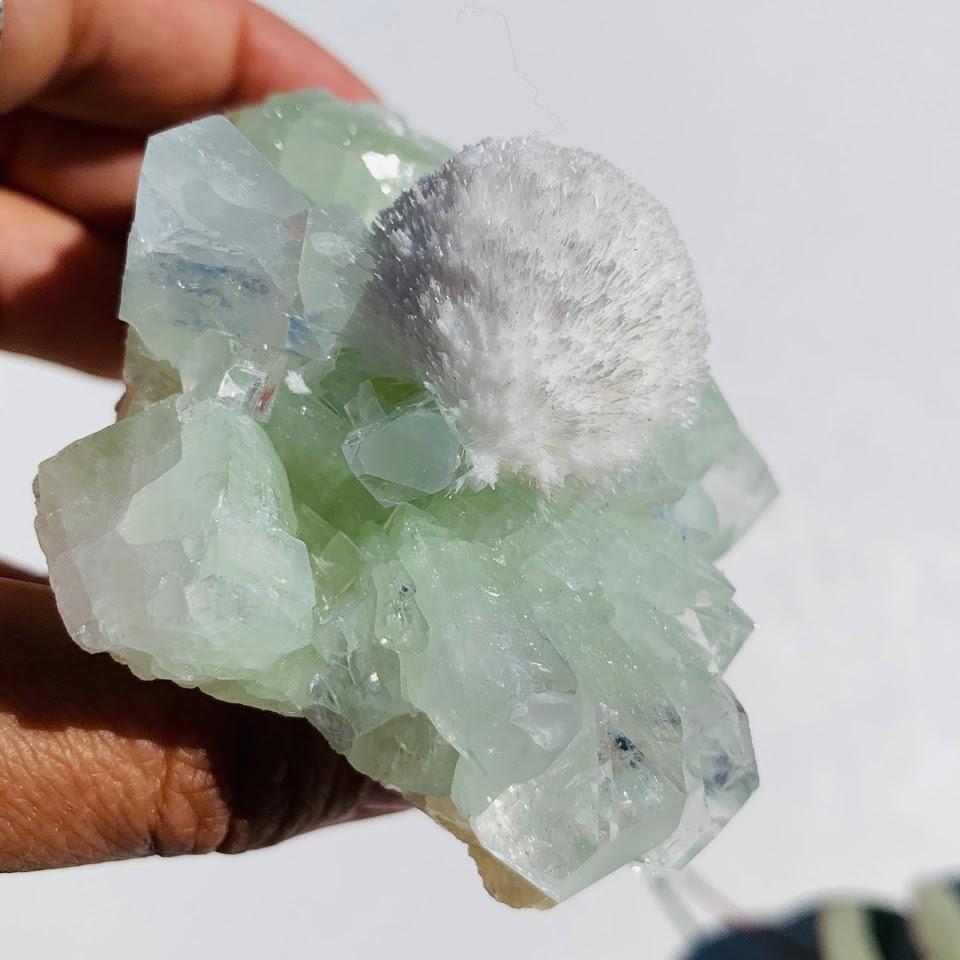 Rare Creamy White Mordenite Nestled in Green Apophyllite Matrix from India - Earth Family Crystals