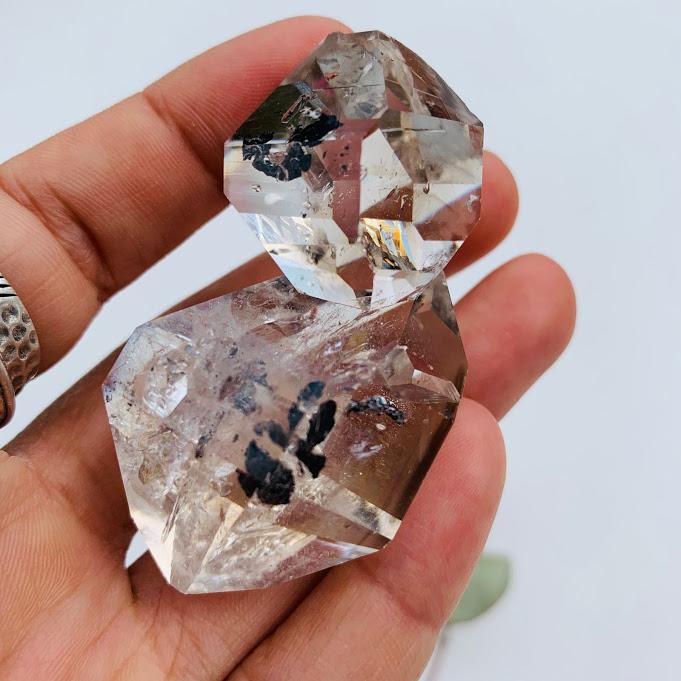 Rare Moving Black Fragment ~Slightly Smoky NY Herkimer Diamond Large Double Cluster Specimen - Earth Family Crystals