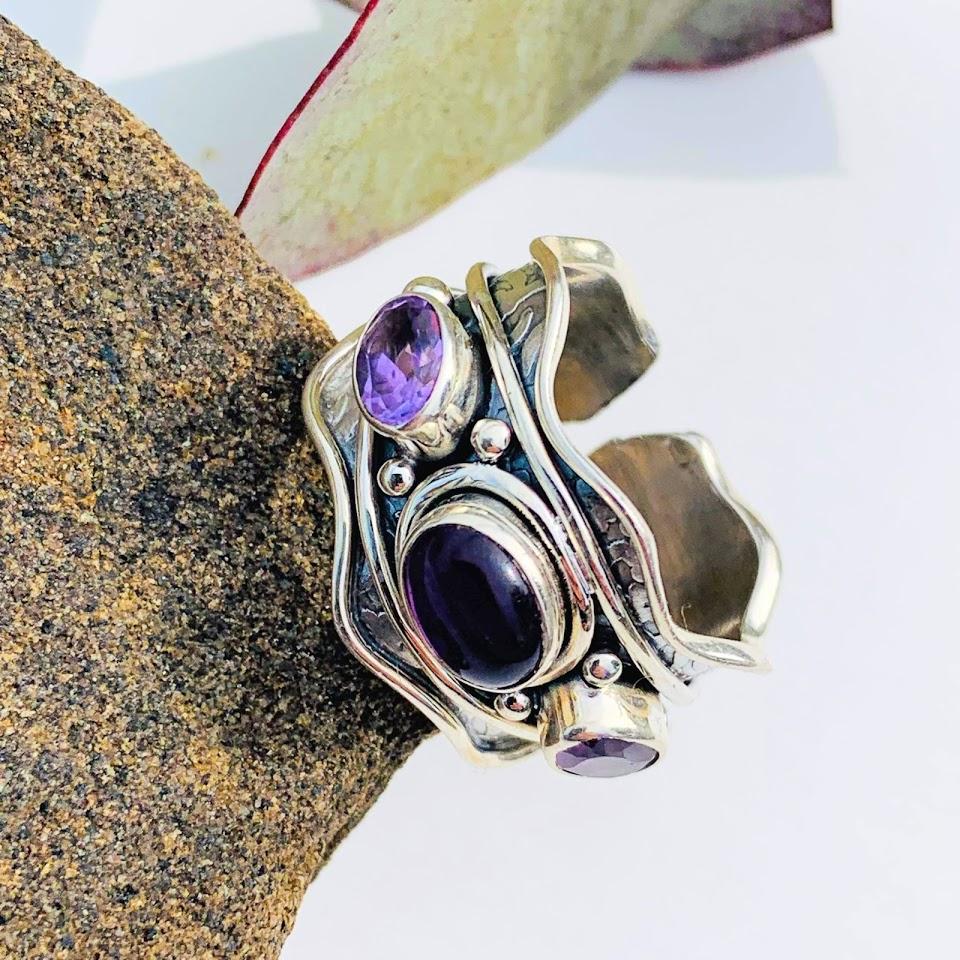 Faceted & Deep Purple Amethyst Sterling Silver Ring (Size 6) Adjustable - Earth Family Crystals