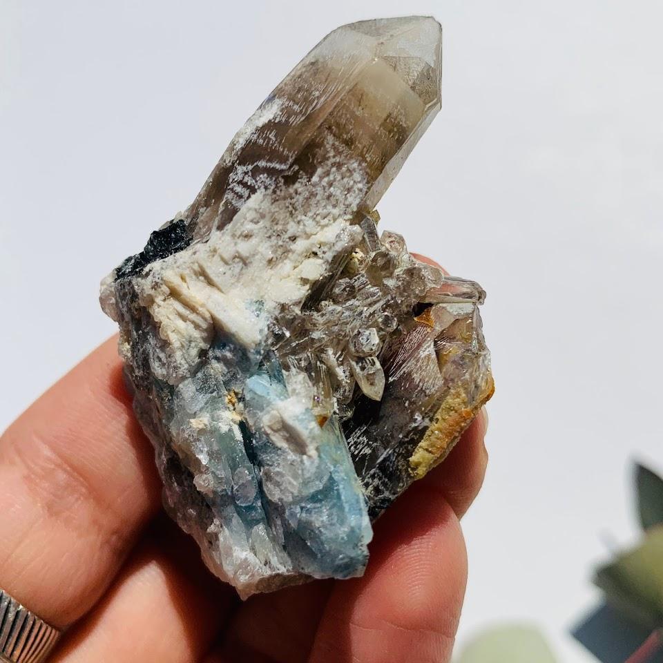 Blue Aquamarine Smoky Quartz & Black Tourmaline Cluster From Brazil - Earth Family Crystals