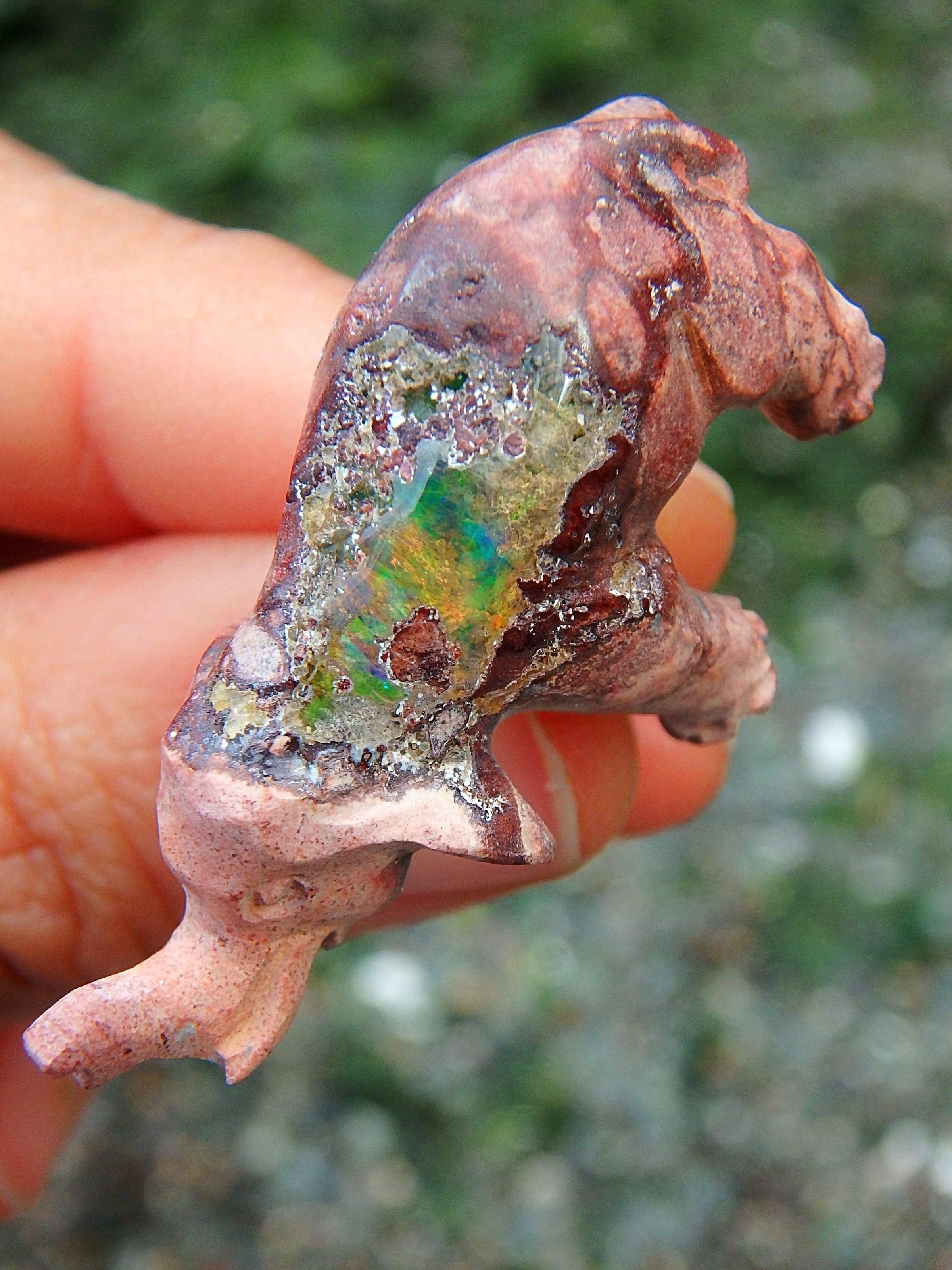 Blue & Green Flashes Mexican Fire Opal Elephant Carving - Earth Family Crystals