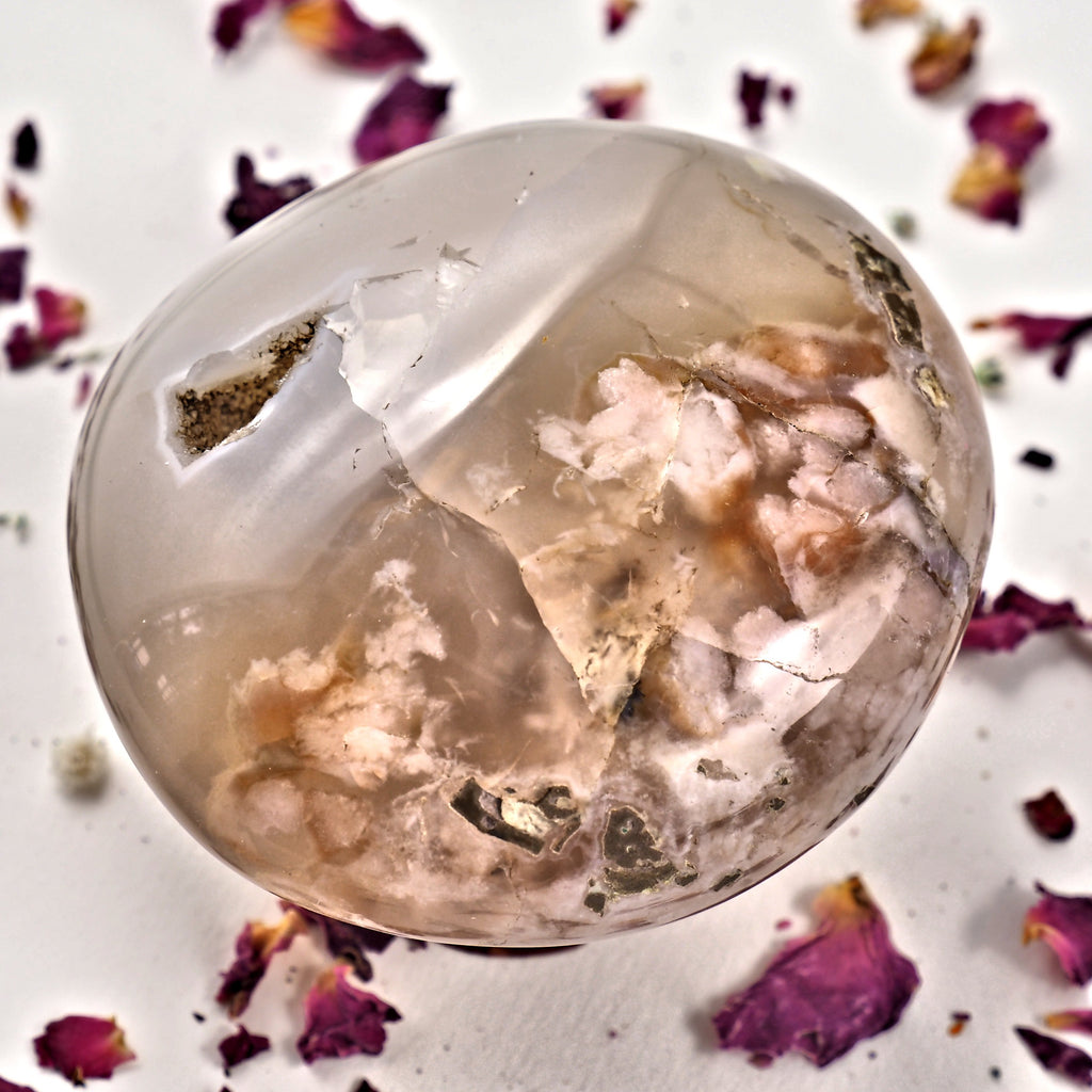 NEW! Creamy Pink & Clear Large Flower Agate Palm Stone With Cave From Madagascar #1 - Earth Family Crystals