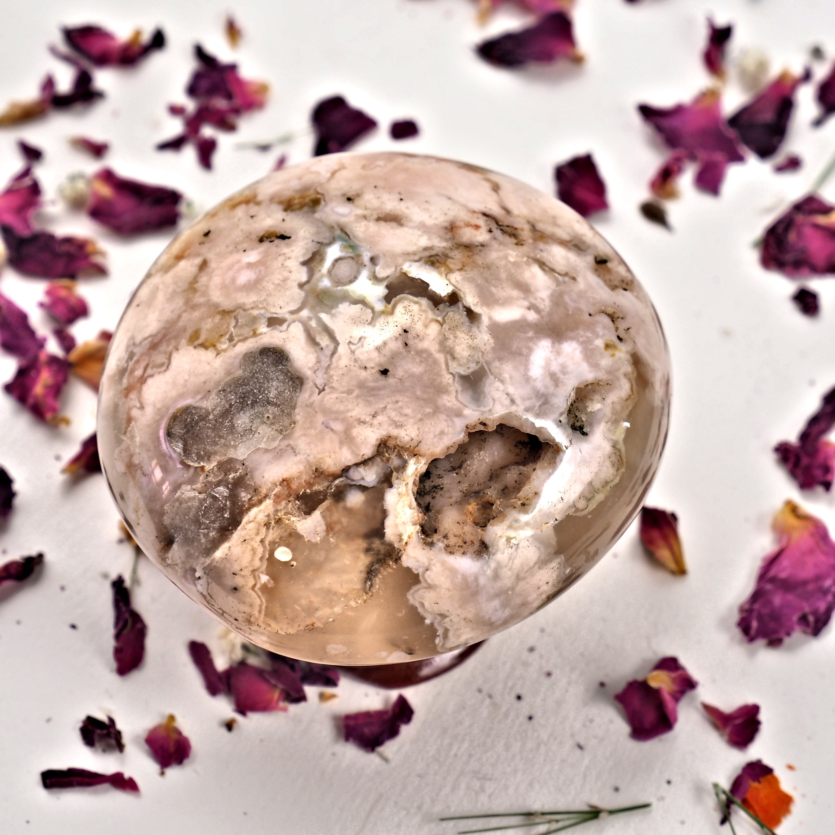 NEW! Creamy Pink & Clear Medium Flower Agate Palm Stone With Cave From Madagascar #4 - Earth Family Crystals