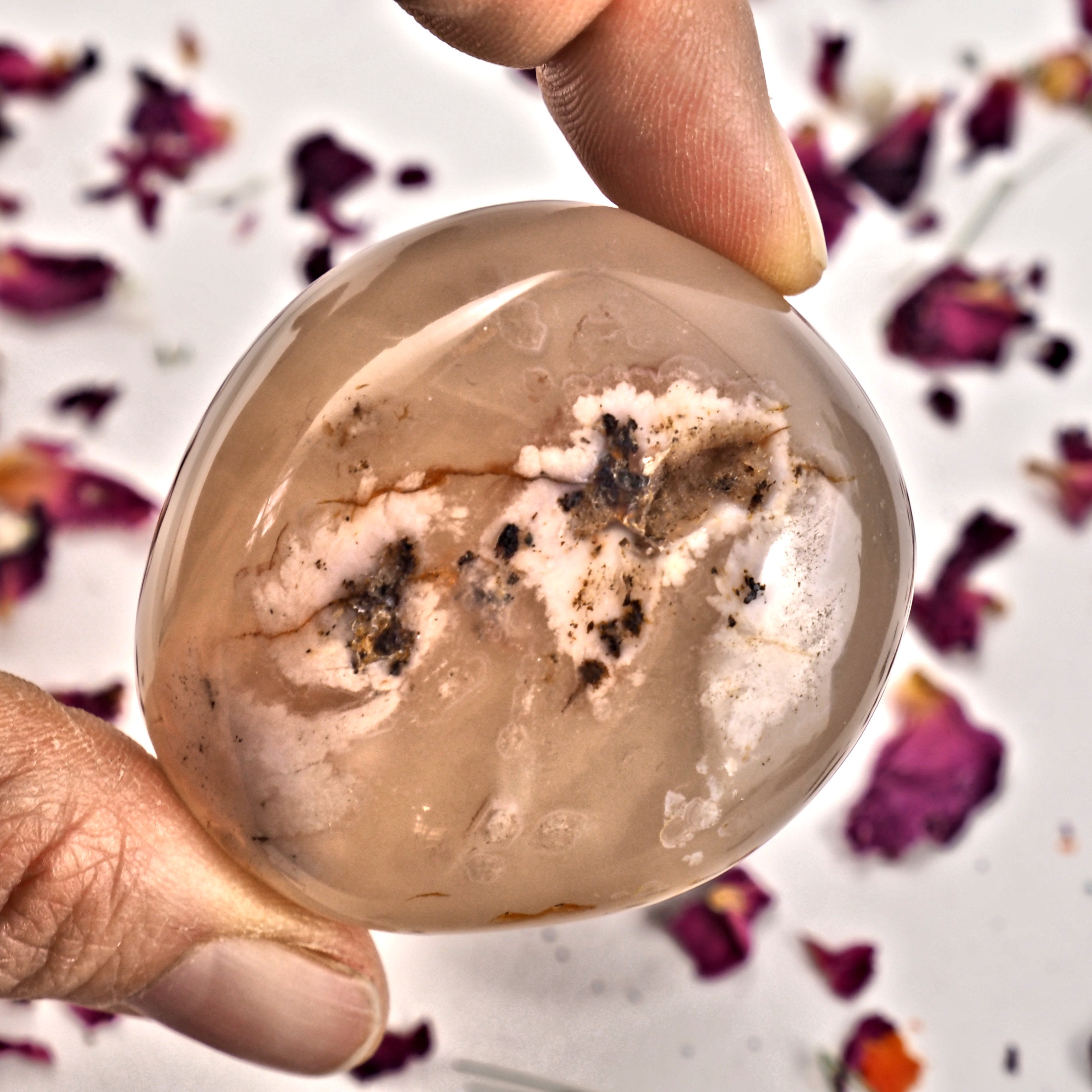 NEW! Creamy Pink & Clear Small  Flower Agate Palm Stone From Madagascar #2 - Earth Family Crystals