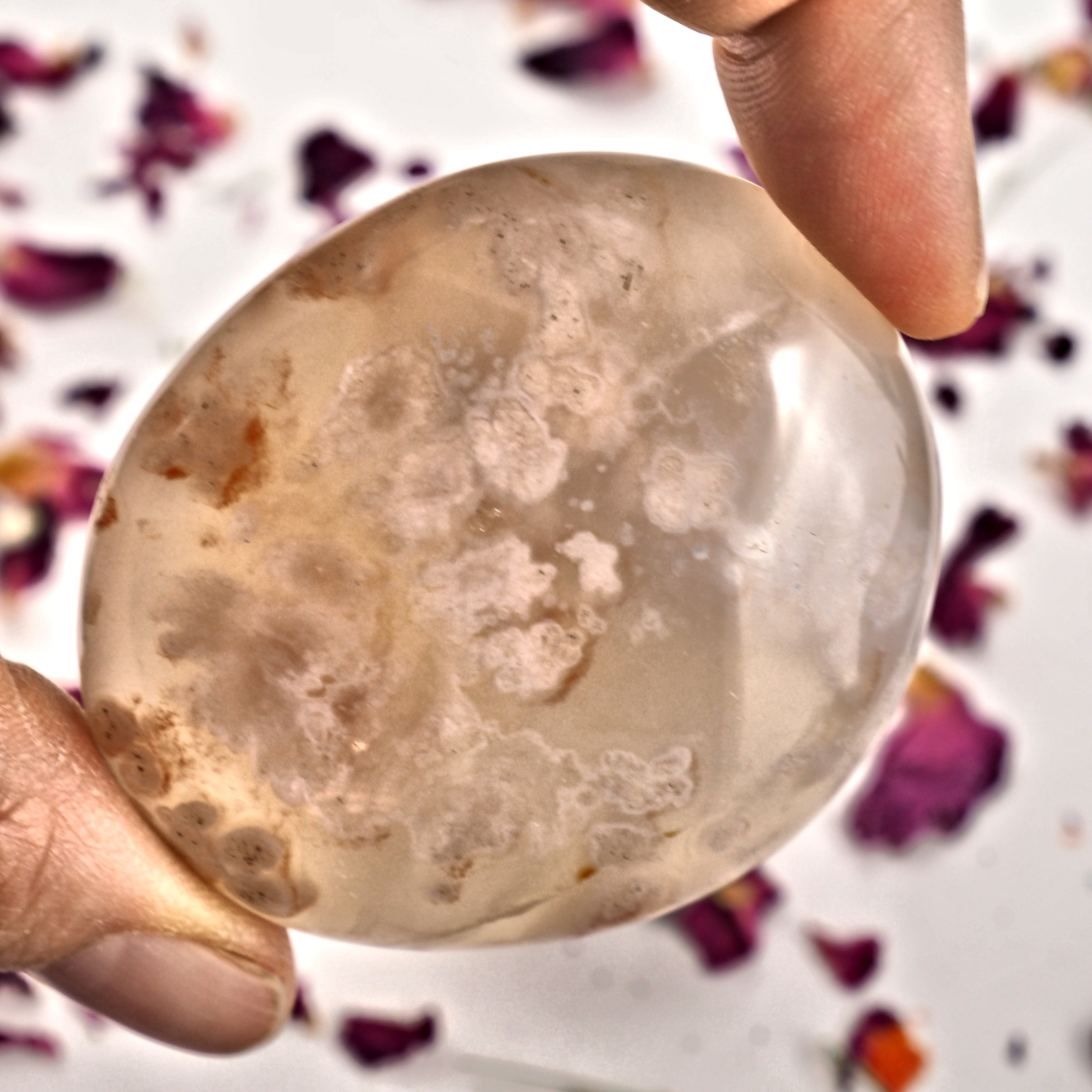 NEW! Creamy Pink & Clear Small  Flower Agate Palm Stone From Madagascar #1 - Earth Family Crystals