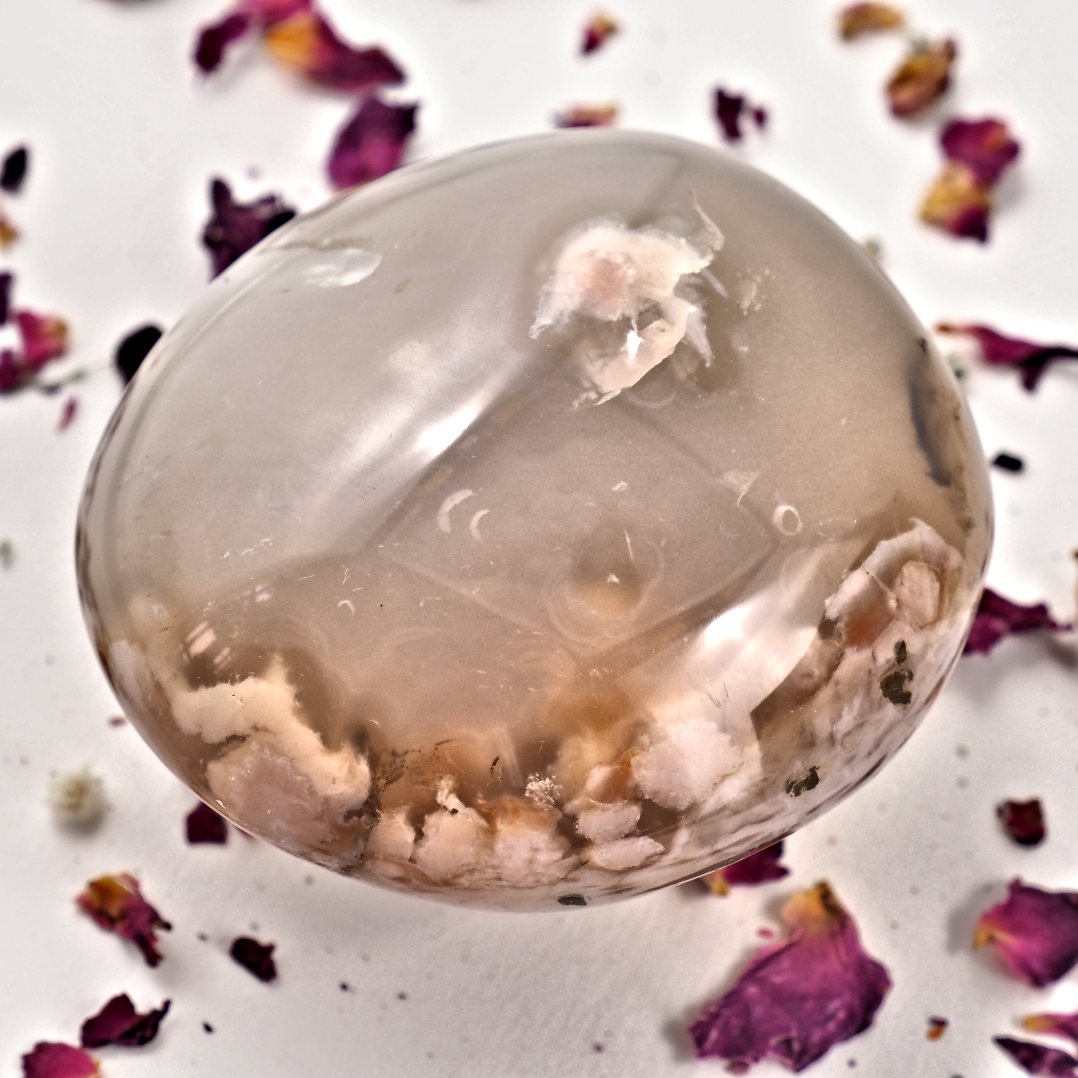 NEW! Creamy Pink & Clear Large Flower Agate Palm Stone With Cave From Madagascar #1 - Earth Family Crystals