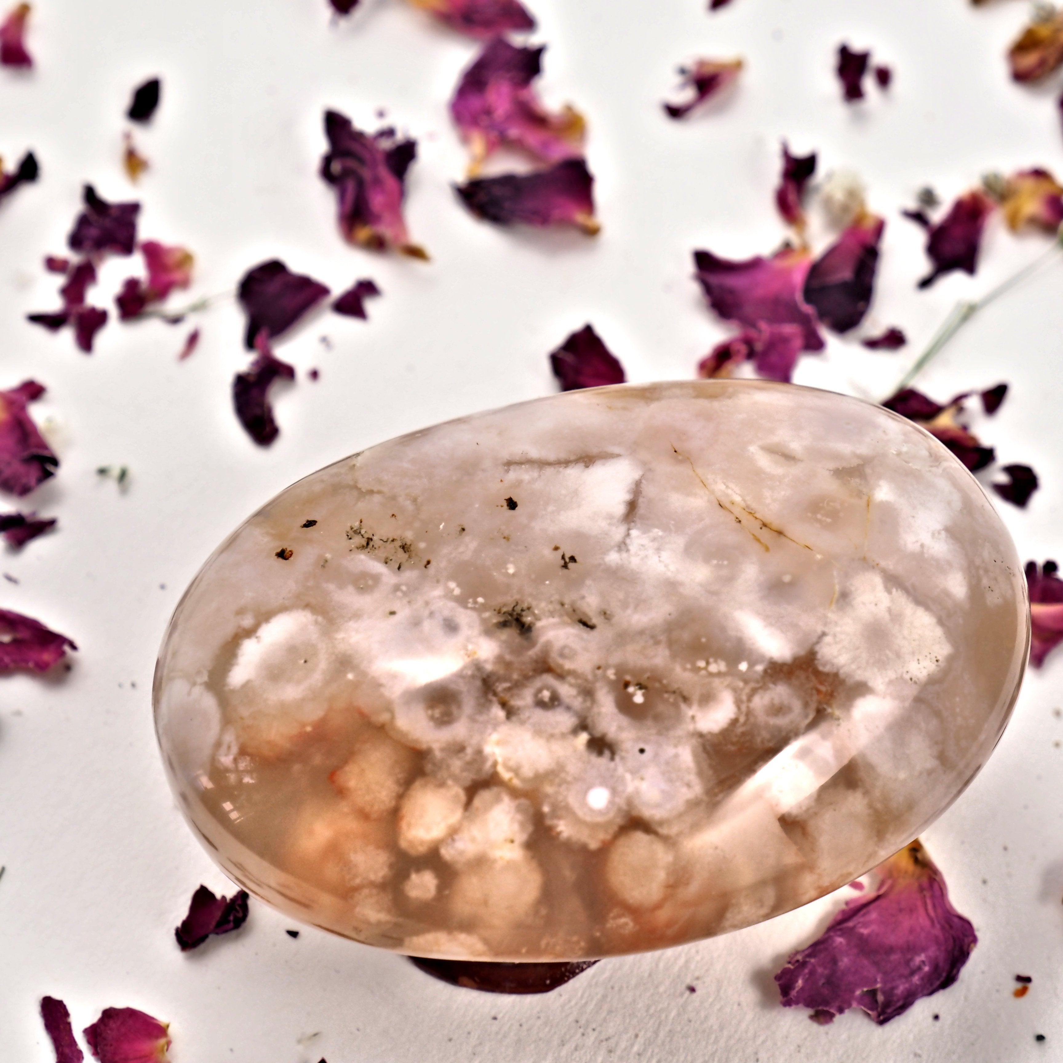 NEW! Creamy Pink & Clear Large Flower Agate Palm Stone From Madagascar #2 - Earth Family Crystals