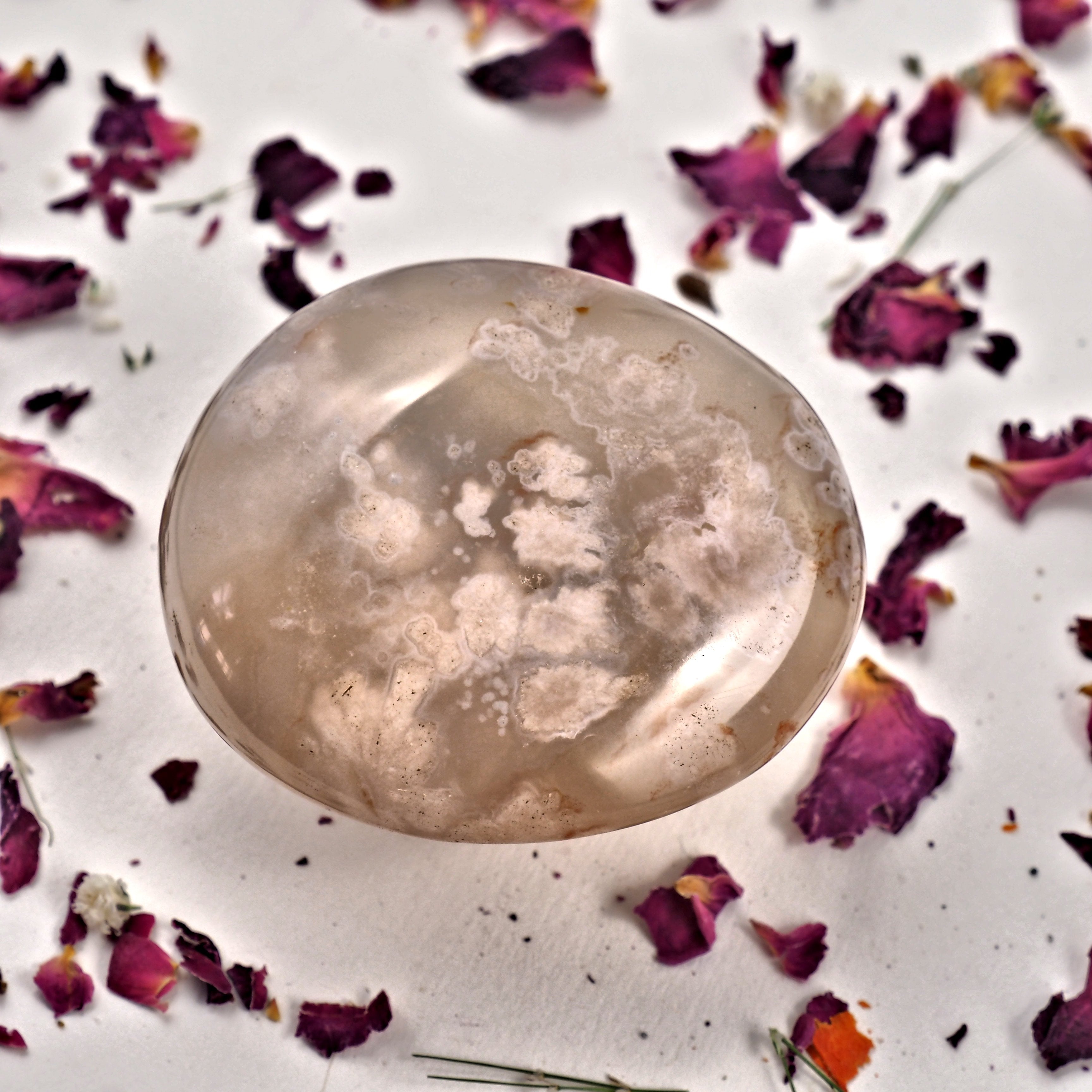 NEW! Creamy Pink & Clear Small  Flower Agate Palm Stone From Madagascar #1 - Earth Family Crystals