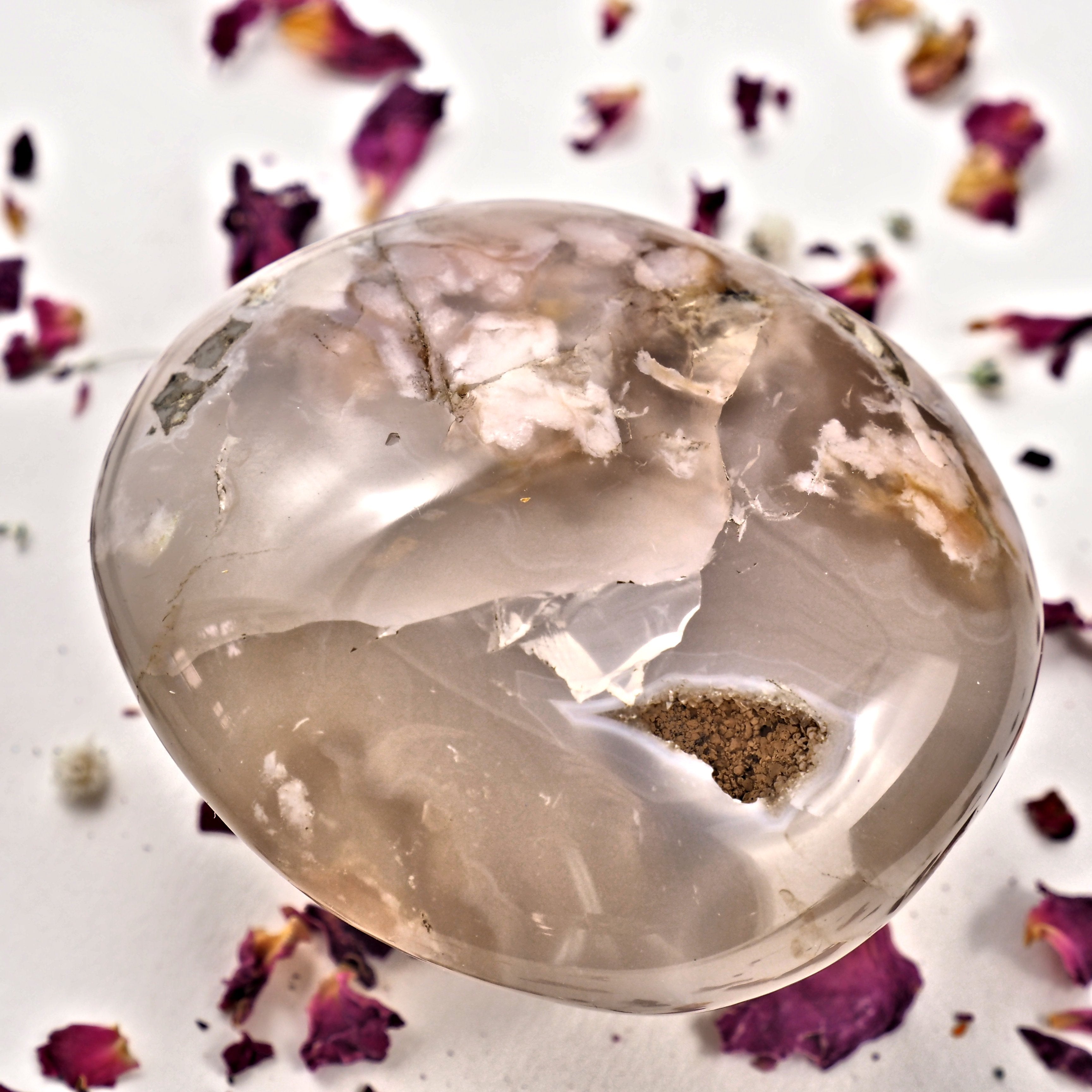 NEW! Creamy Pink & Clear Large Flower Agate Palm Stone With Cave From Madagascar #1 - Earth Family Crystals