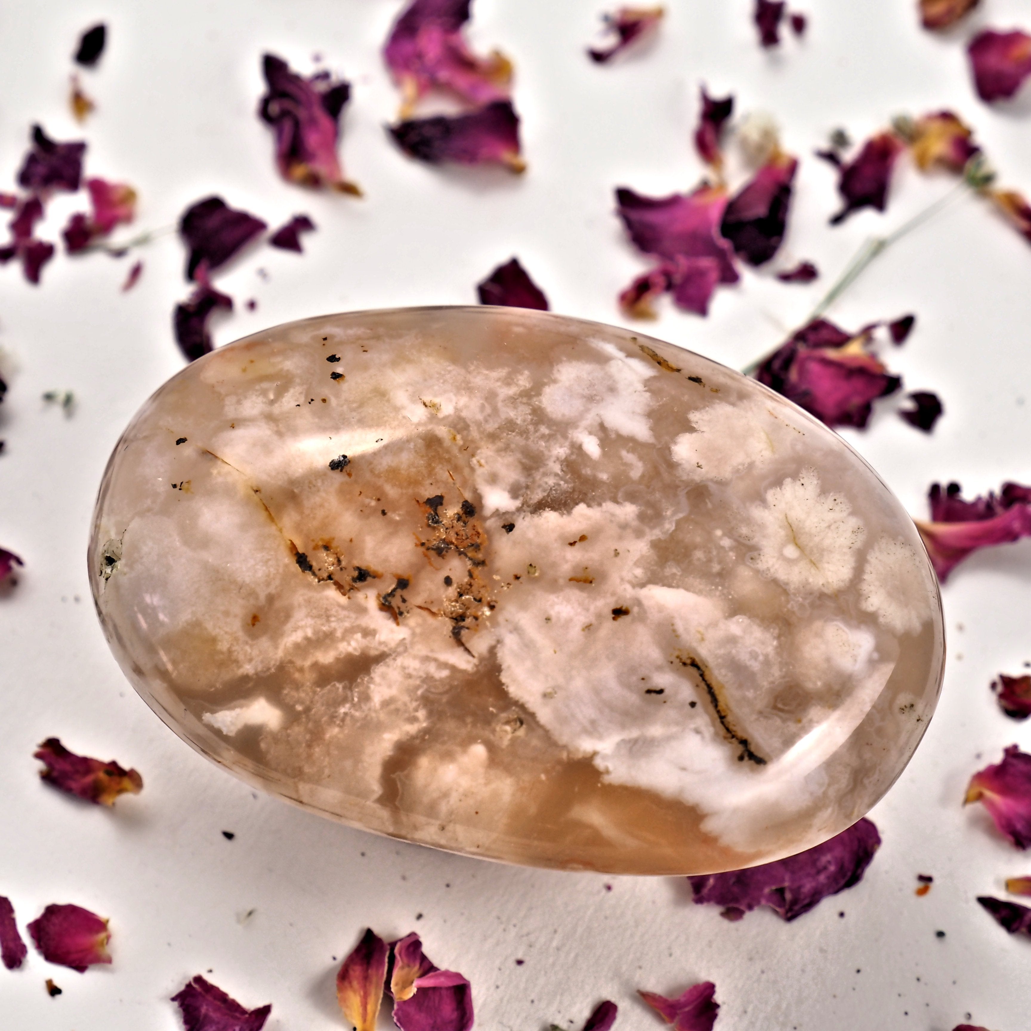 NEW! Creamy Pink & Clear Large Flower Agate Palm Stone From Madagascar #2 - Earth Family Crystals