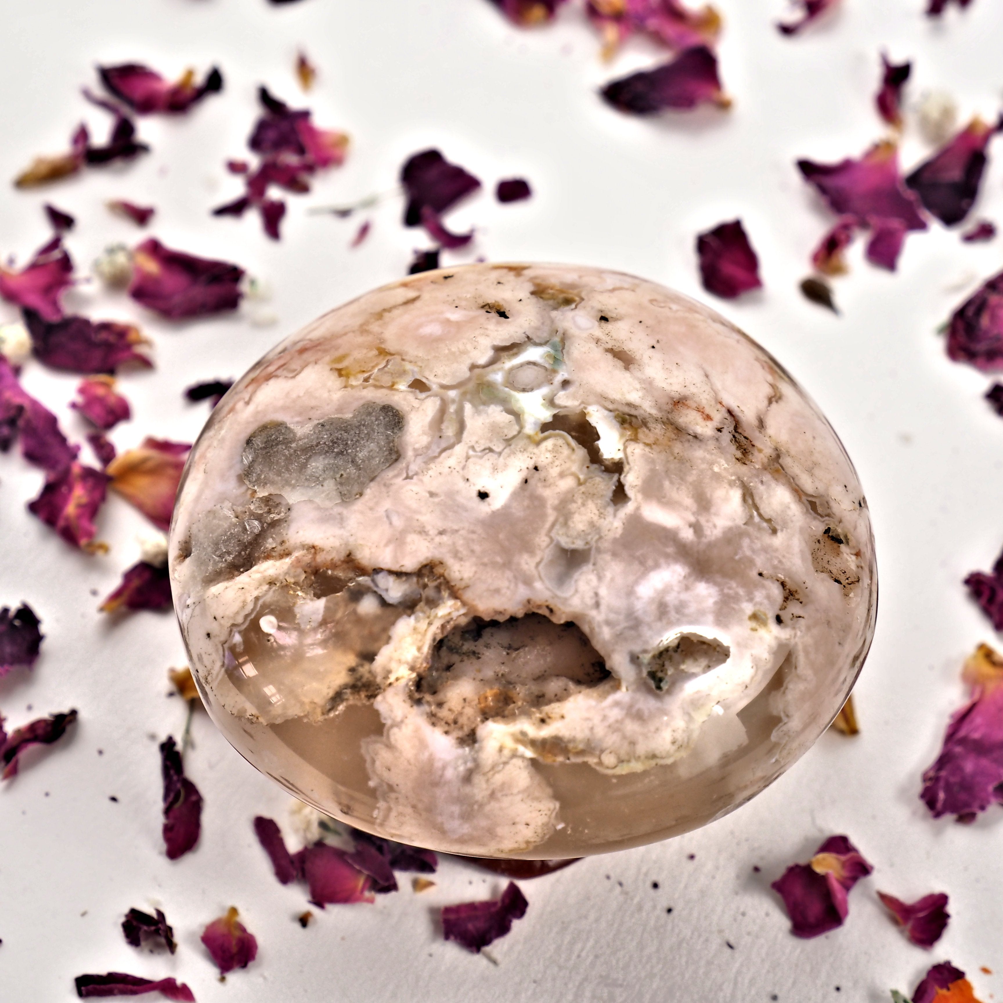 NEW! Creamy Pink & Clear Medium Flower Agate Palm Stone With Cave From Madagascar #4 - Earth Family Crystals