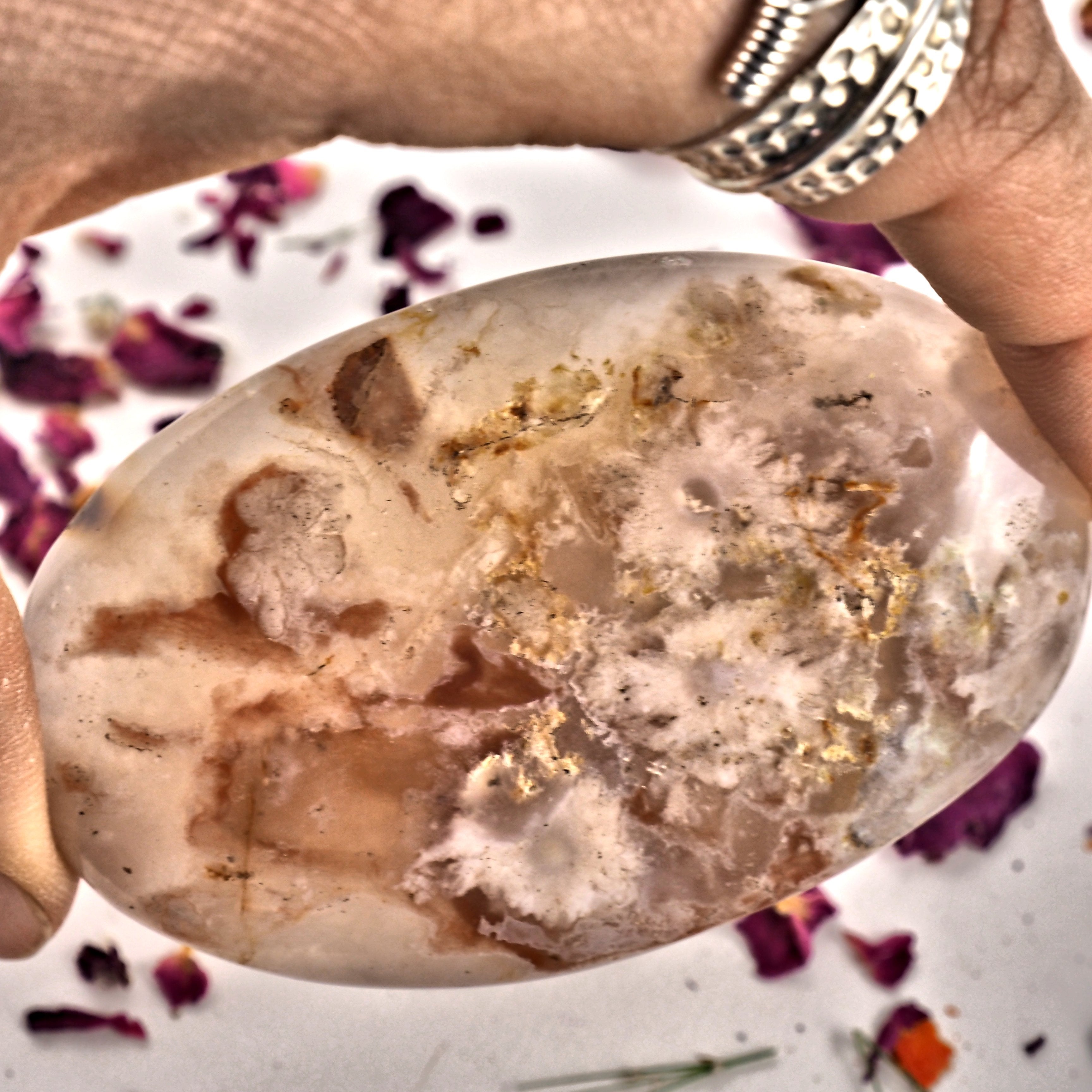 NEW! Creamy Pink & Clear Medium Flower Agate Palm Stone From Madagascar #2 - Earth Family Crystals