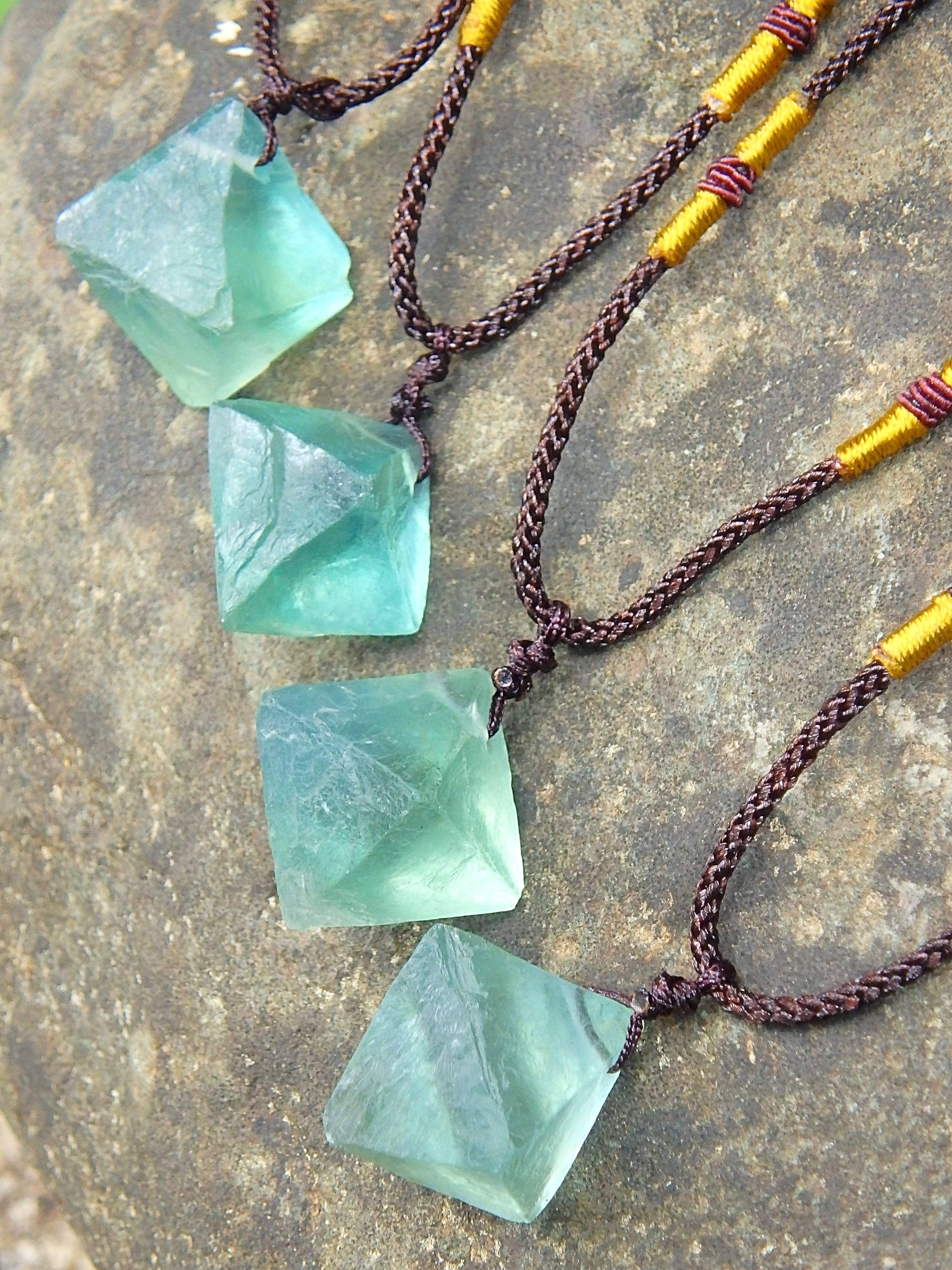 Vibrant Green Fluorite Natural Octahedron Necklace on adjustable Cord (1) - Earth Family Crystals