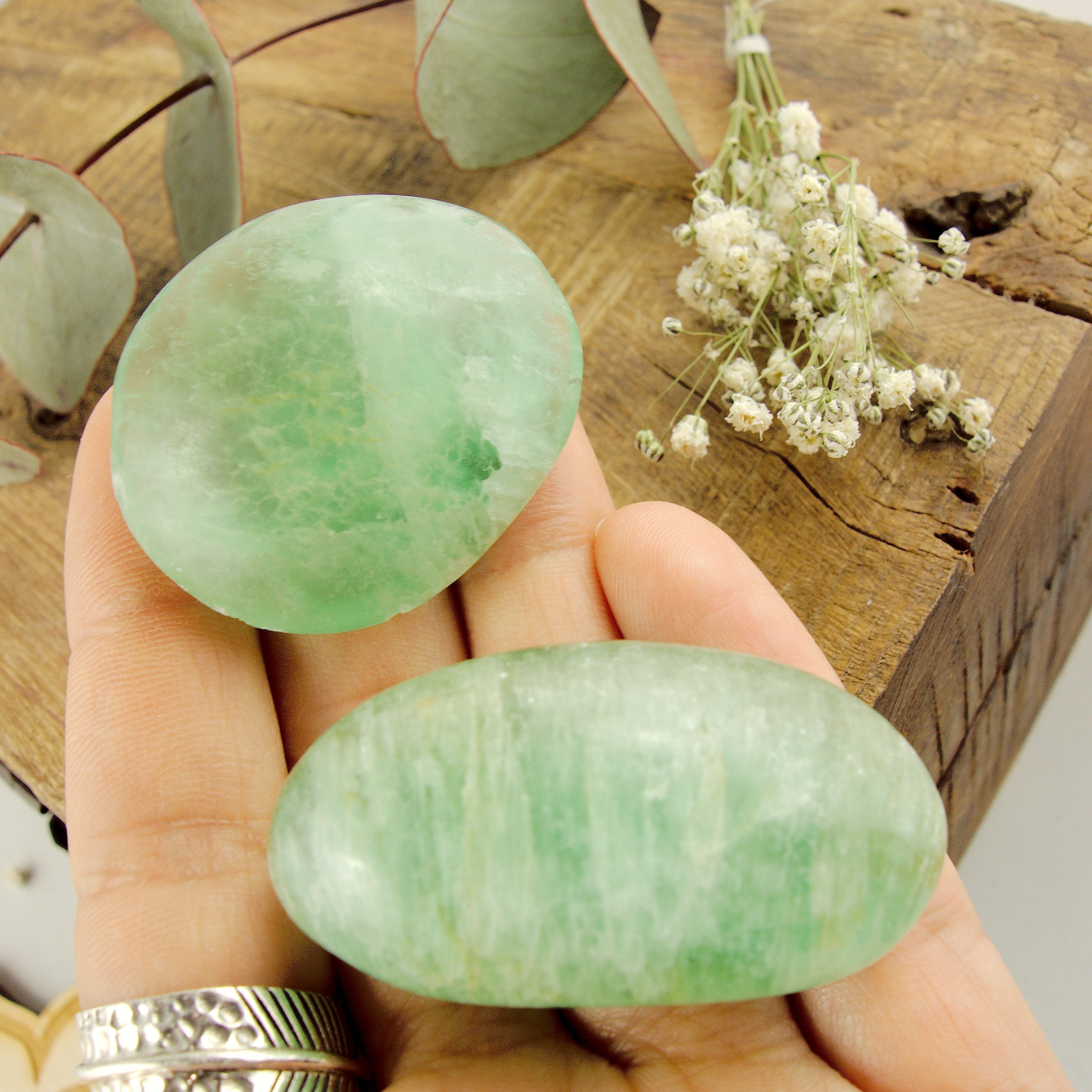 Set of 2 Uplifting Spring Green Fluorite Polished Palm Stone Set