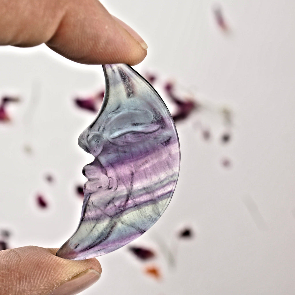 Cute Rainbow Fluorite Crescent Moon Face Carving - Earth Family Crystals