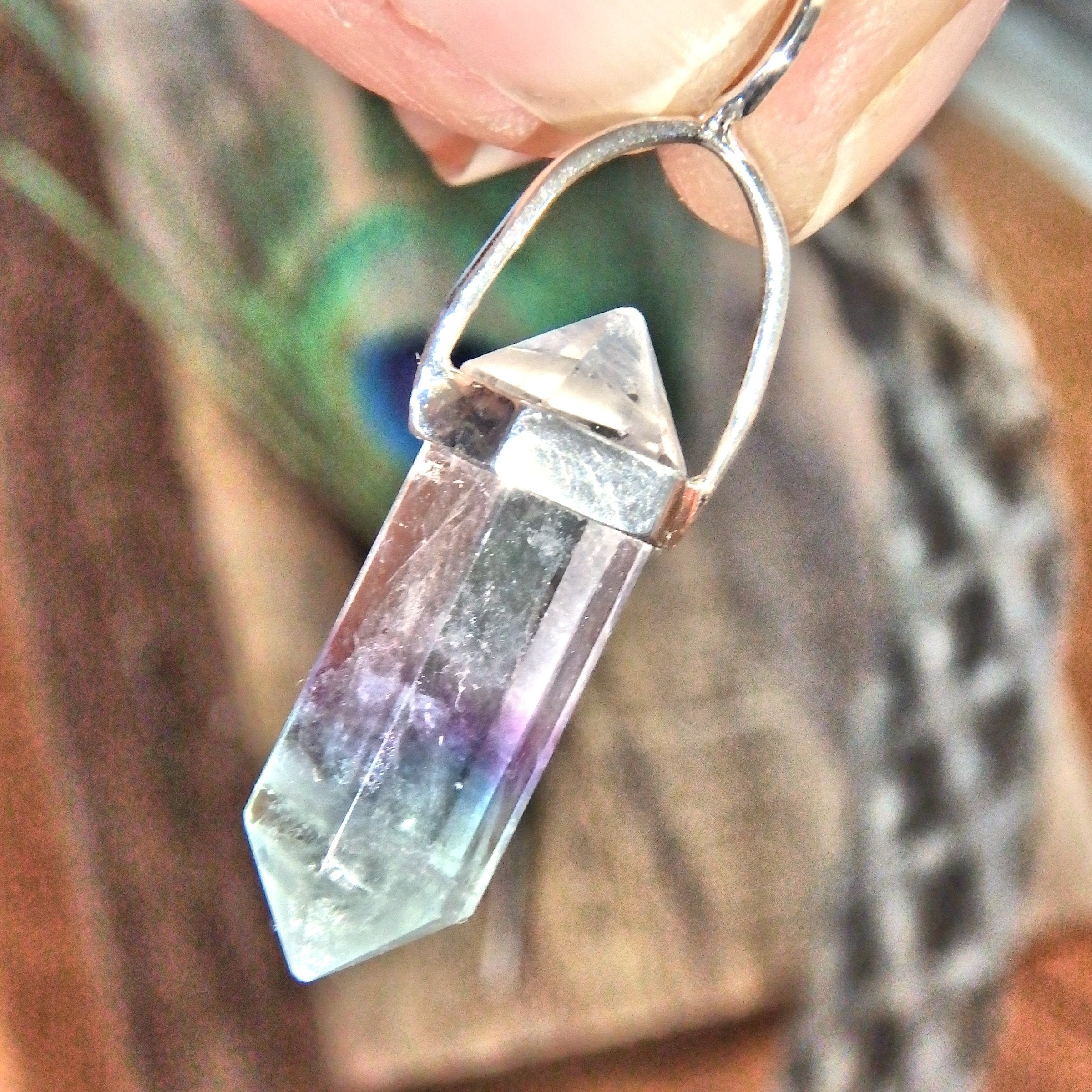 Optical Clear Purple & Green Fluorite DT  Pendant in Sterling Silver (Includes Silver Chain)