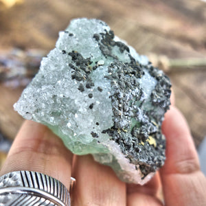 Raw Green Fluorite Chunk with Dusting of Druzy Quartz & Pyrite - Earth Family Crystals