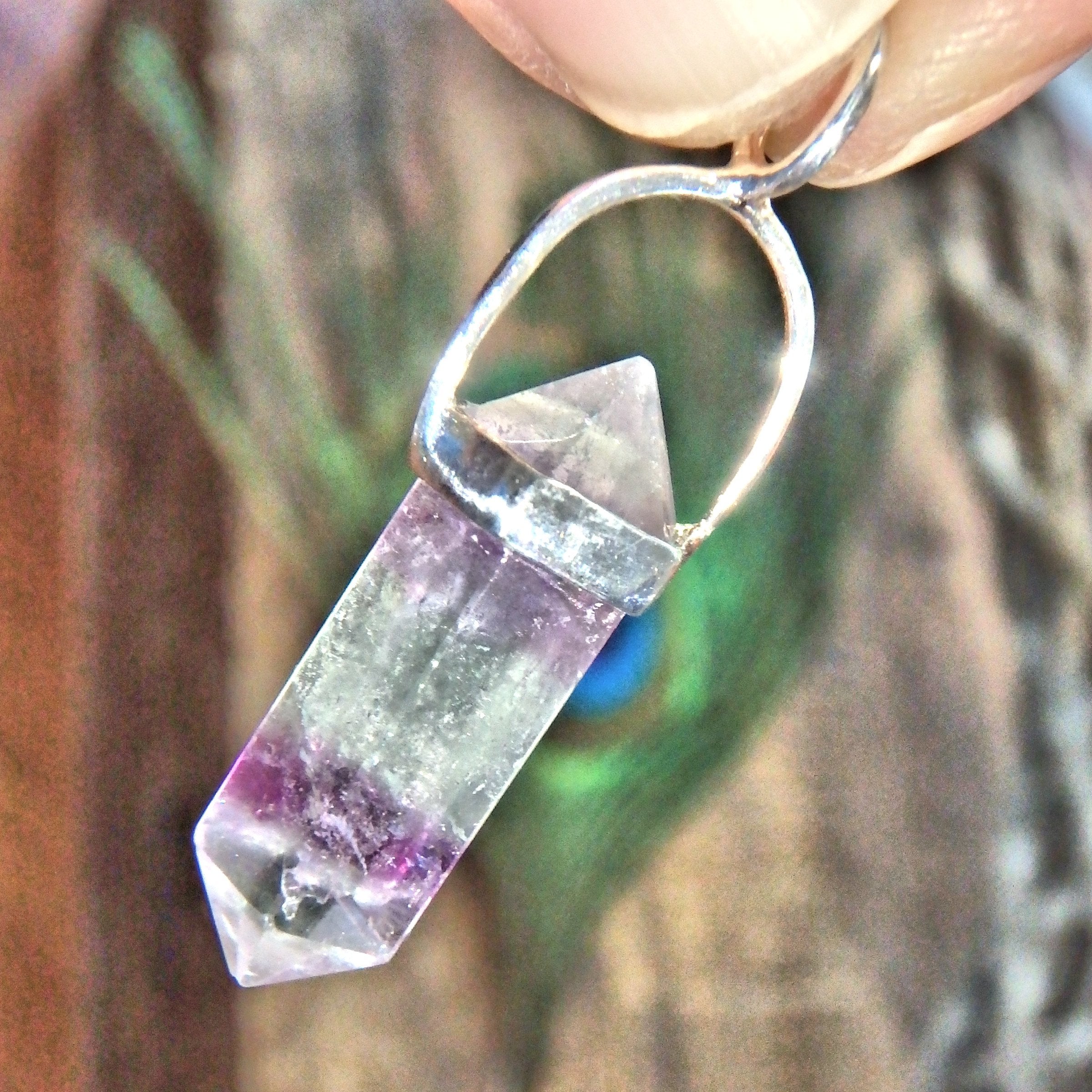 Optical Green & Purple Fluorite DT Pendant in Sterling Silver (Includes Silver Chain)